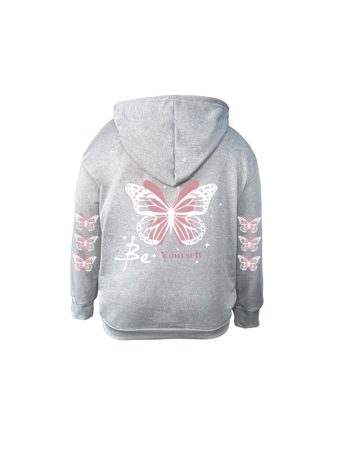 Women's Plus Size Butterfly & Letter Print Hoodie - Casual Long Sleeve Pullover with Pockets, Machine Washable, Extended Version, Sports Shirt