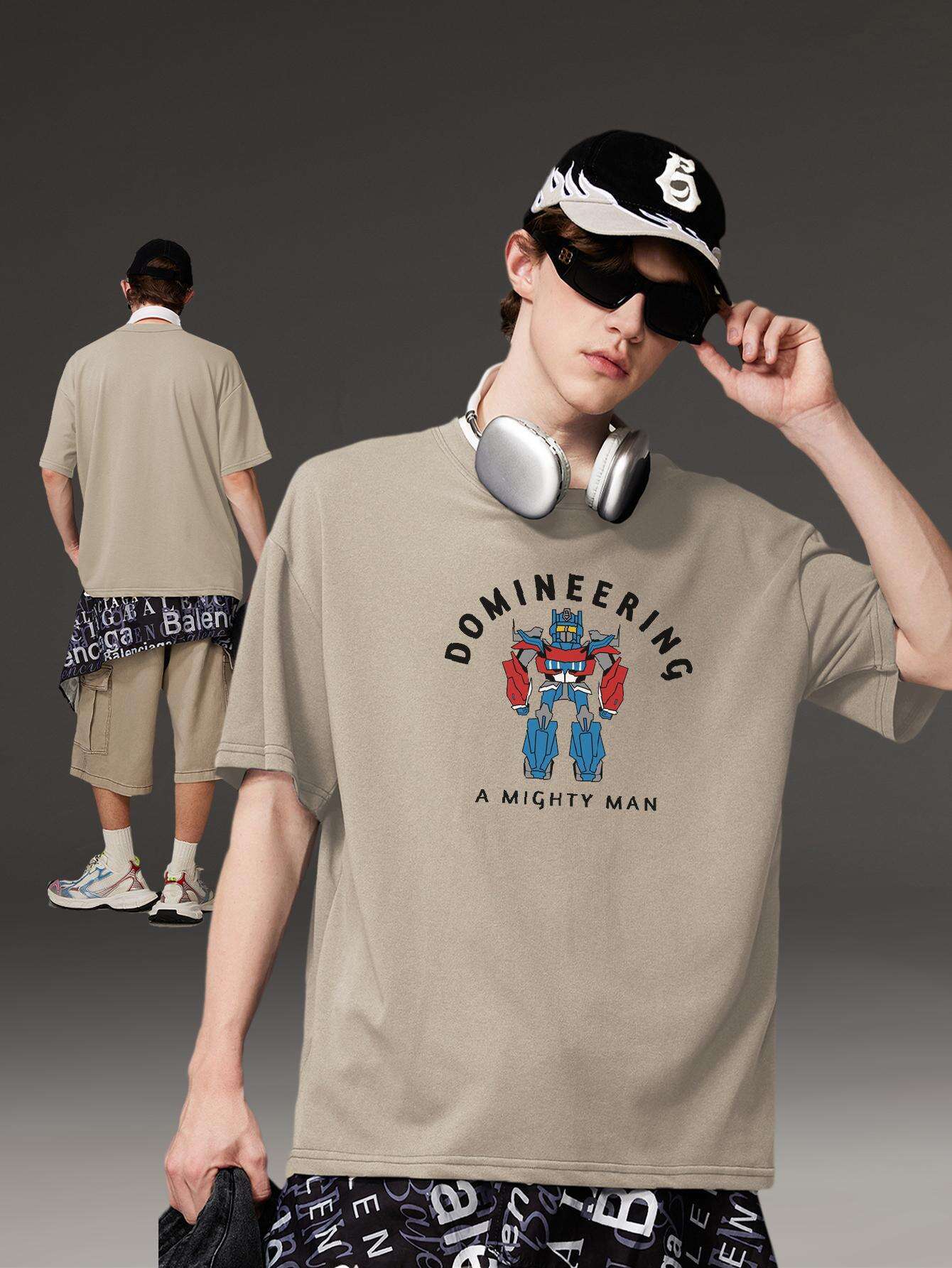 PRIVATHINKER "Domineering A Mighty for Man" Graphic Tee - 100% Cotton, Oversized Casual Hip Hop Style, Short Sleeve T-Shirt with Robot Print, Summer Streetwear for Men and Women