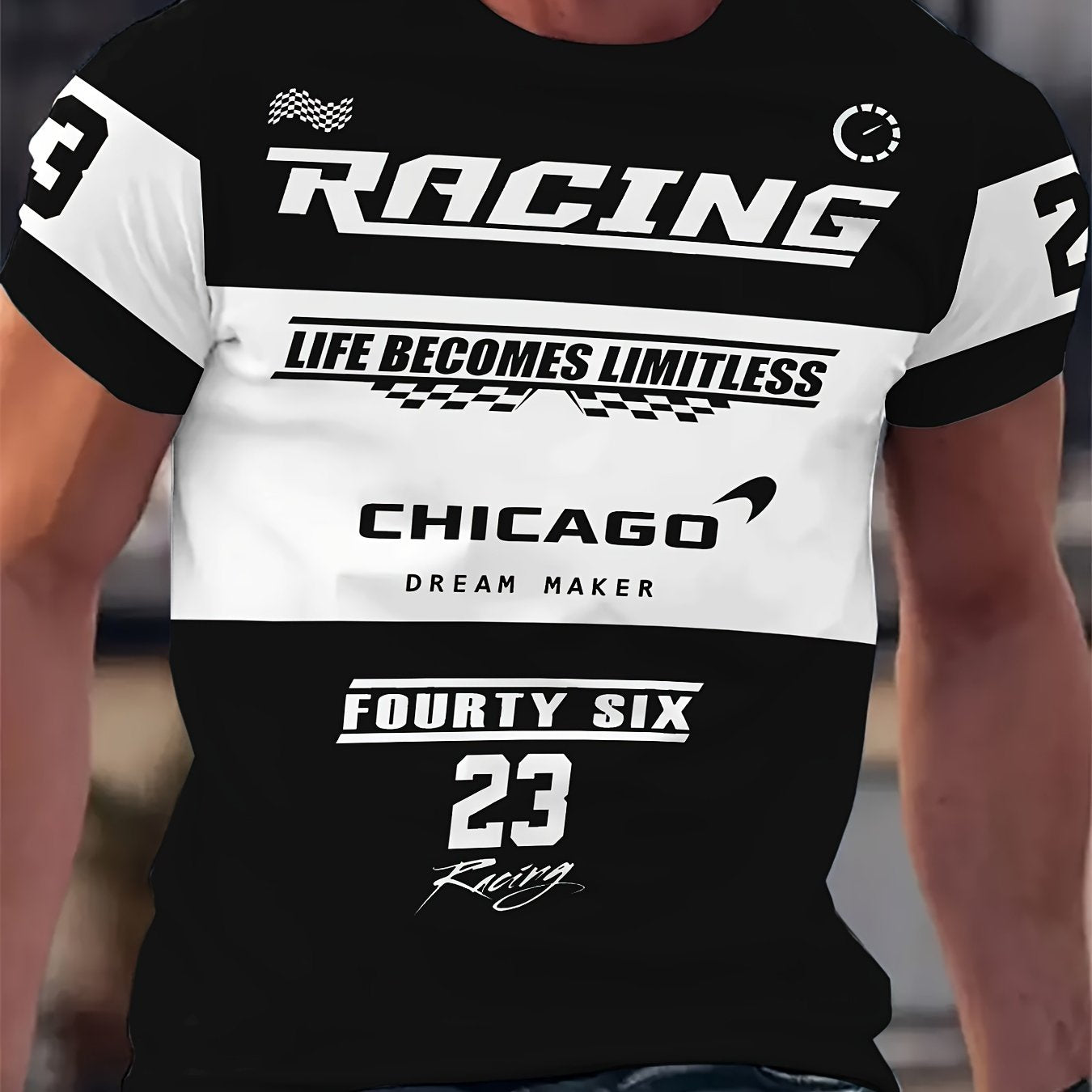 Men's Casual Graphic T-Shirt With Racing Digital Print, Polyester Fiber, Relaxed Fit, Round Neck, Breathable And Soft