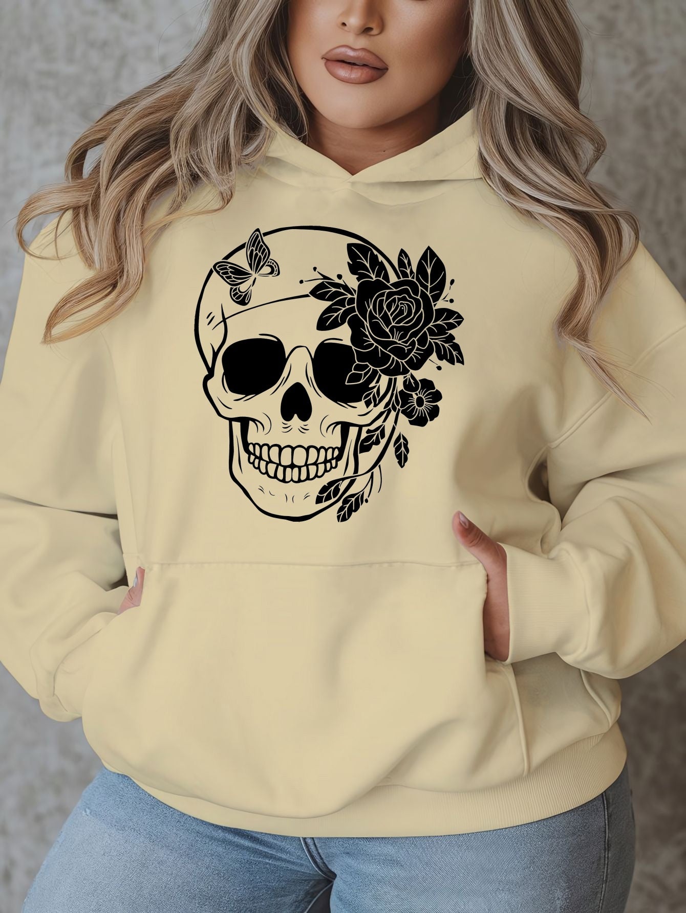 1pc Women'S Plus Size Casual Hoodie with Floral Skull Print, Polyester Knit Sweatshirt, Long Sleeve Pullover with Pockets, Letter Pattern, Round Neck Hooded Top, with Autumn/Winter Fashion
