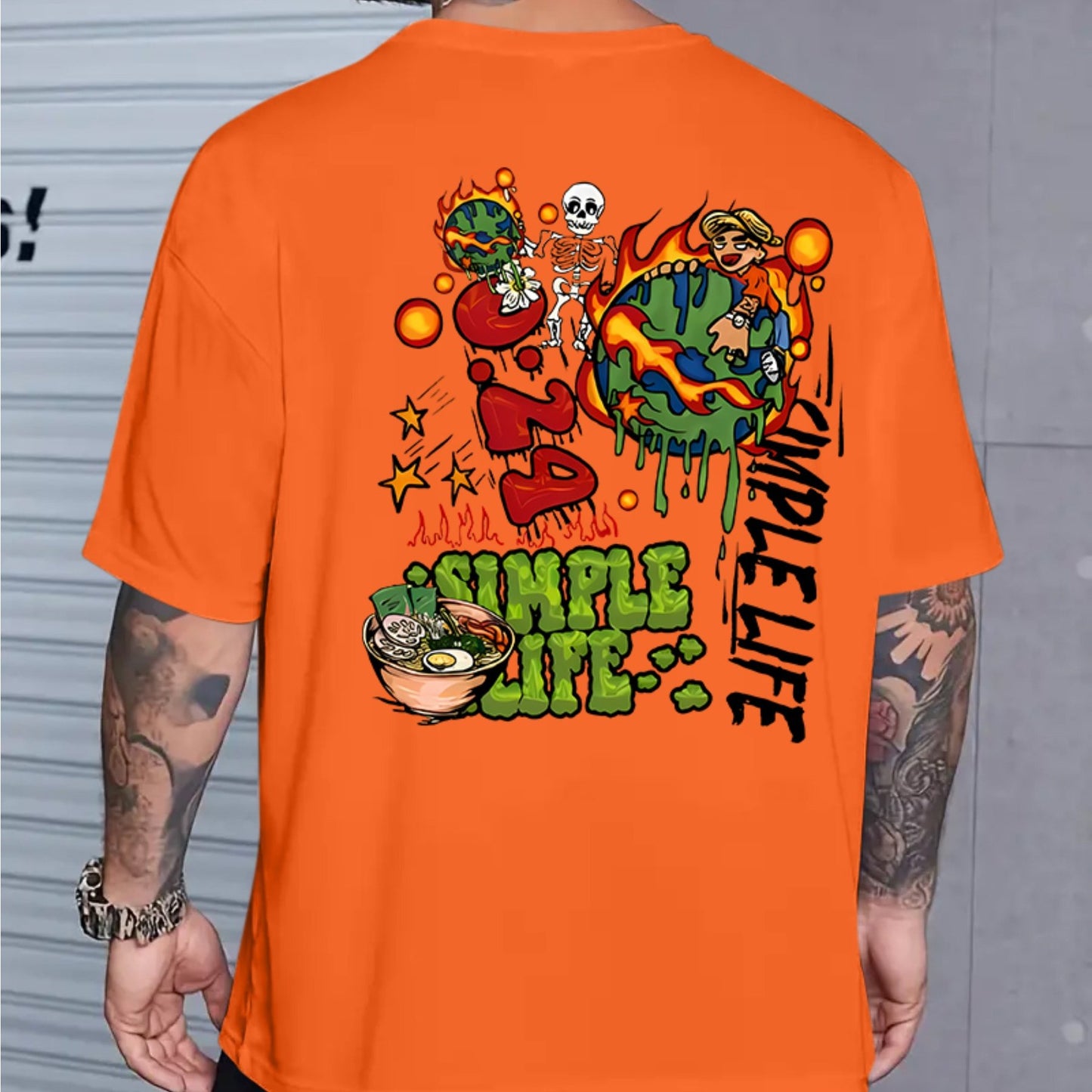 Men's Casual Vintage-Style Earth Skull Graphic Tee - Loose Fit, Breathable Polyester, Machine Washable, Round Neck T-Shirt with Unique Print Design, PLUS SIZE
