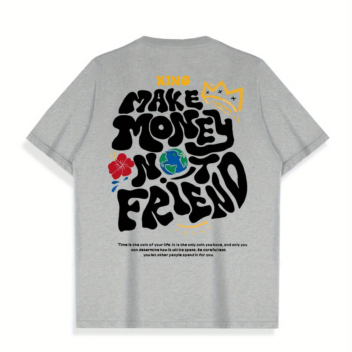 Men's Crew Neck Short Sleeve T-shirt, KING MAKE MONEY Creative Pattern Back Print Cozy Cotton Tee For Summer Outdoor Casual Activities