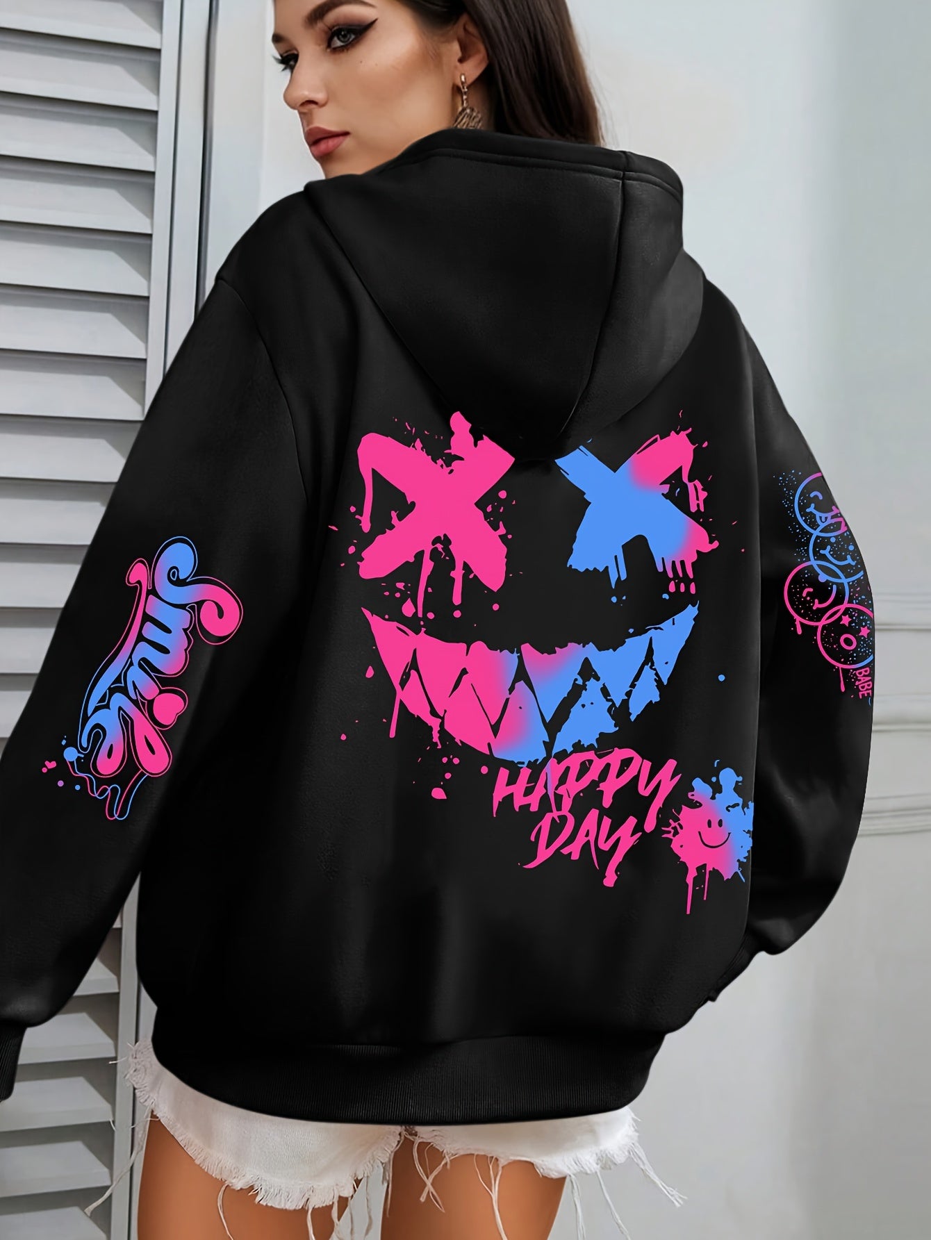 1pc Street Style Graffiti Print Hoodie for Women, Plus Size Casual Polyester Sweatshirt with Letter Applique, Knitted Pullover with Drawstring Hood for Autumn/Winter