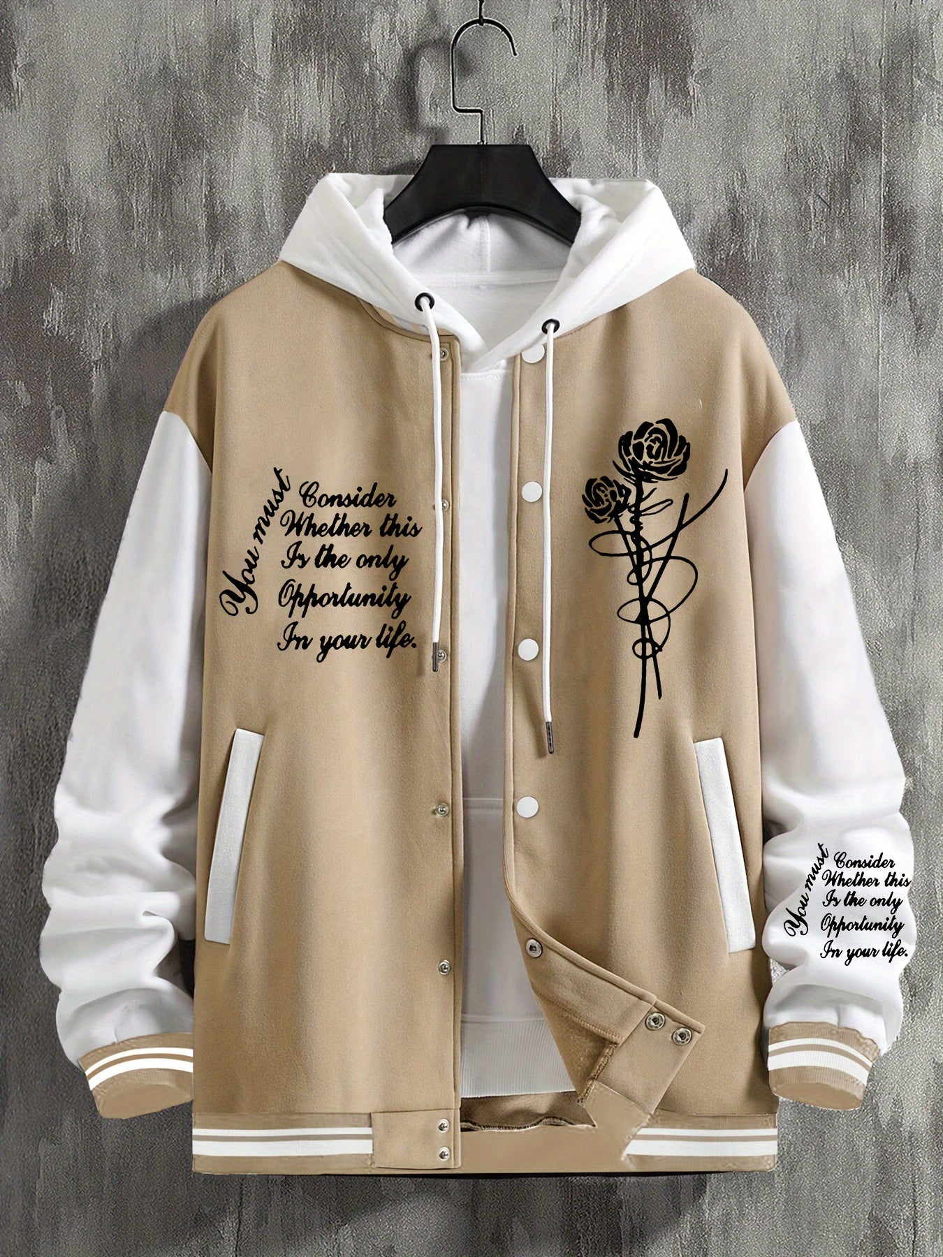 1pc Men'S Fashion Casual Sports Jacket with Rose Print - Polyester Knit Fabric, Baseball Collar, Double Breasted Closure, Regular Fit, Slight Stretch, Animal Pattern, Pocket Details, Lined with Polyester Fiber