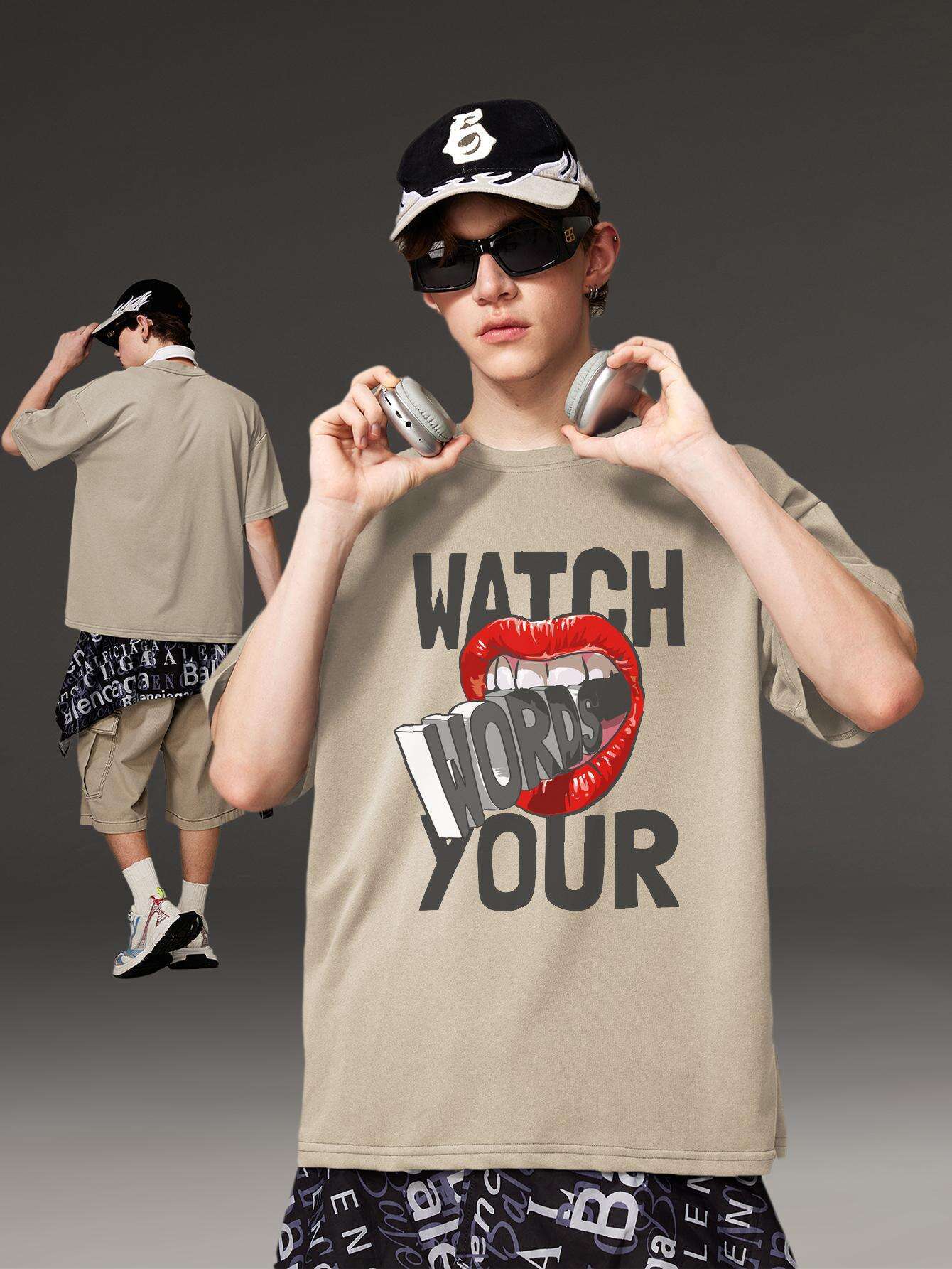 PRIVATHINKER "Watch Your Words" Graphic Tee for Men - Oversized, 100% Cotton, Short Sleeve, Casual Summer Streetwear with Red Lip & Lightning Bolt Design, Machine Washable