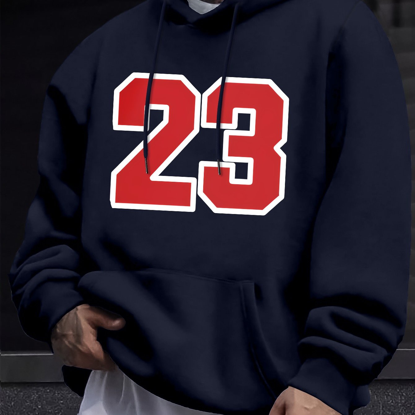Men's Casual Hooded Sweatshirts with Geometric Number Pattern - Knit Fabric Polyester Blend with Slight Stretch, Hoodie for Spring/Fall Season - Regular Fit Pullover with Hood - Polyester 95%, Elastane 5%