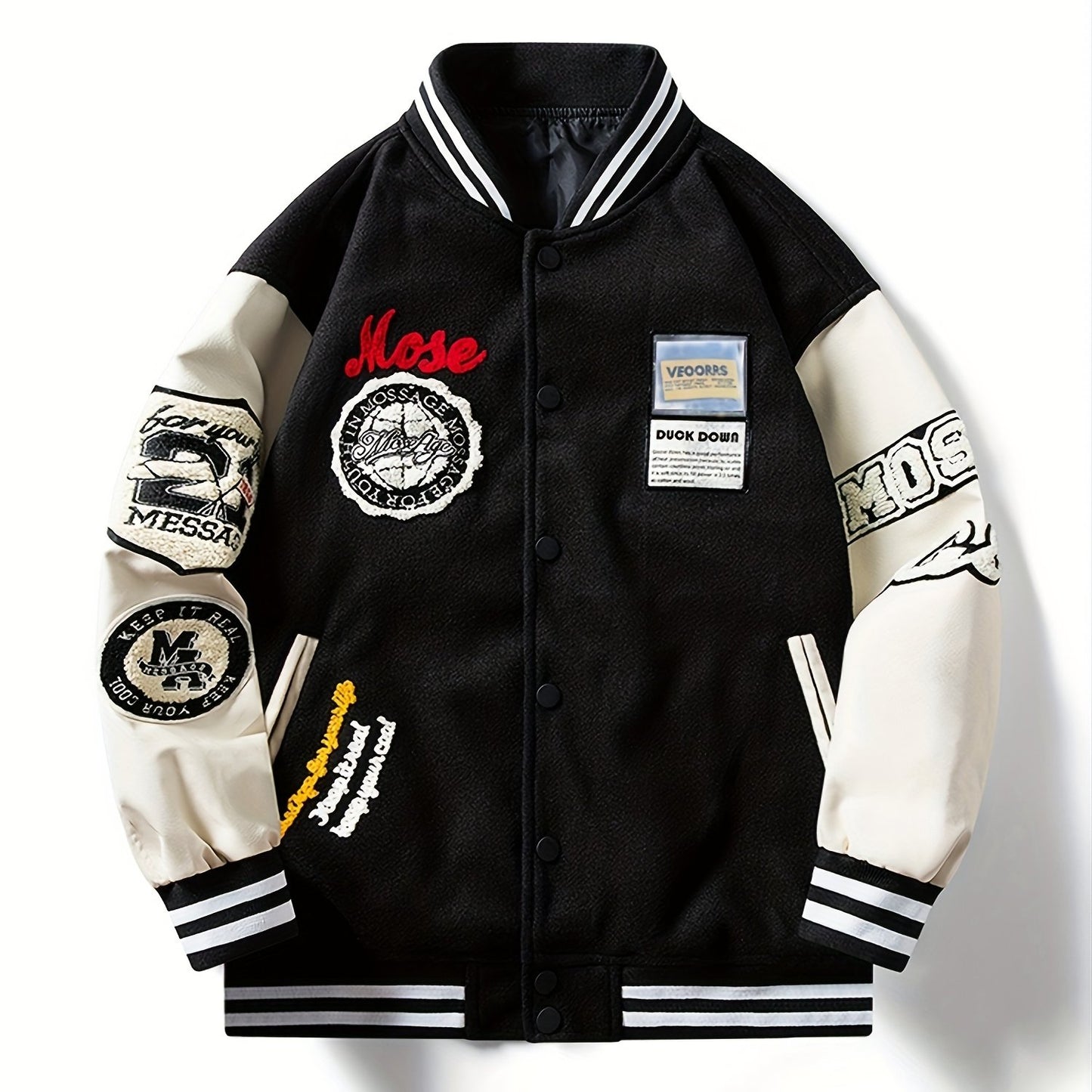 Embroidery Varsity Jacket, Men's Casual Color Block Button Up Jacket For Spring Fall School Baseball
