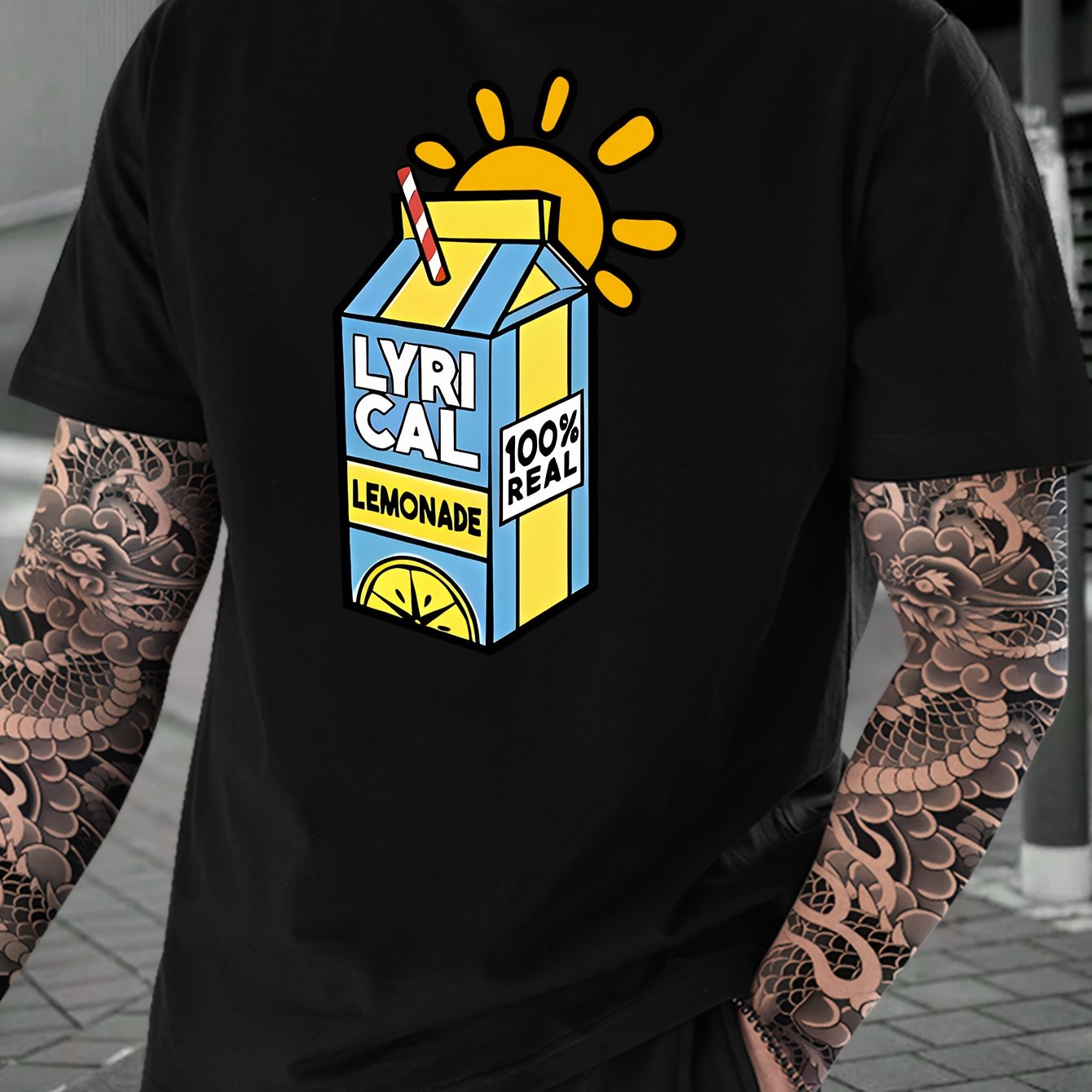 Lemonade Print, Men's Crew Neck Short Sleeve Fashion T-Shirt, Casual Comfy Top For Spring & Summer Holiday Leisure Vacation, Men's Clothing As Gift