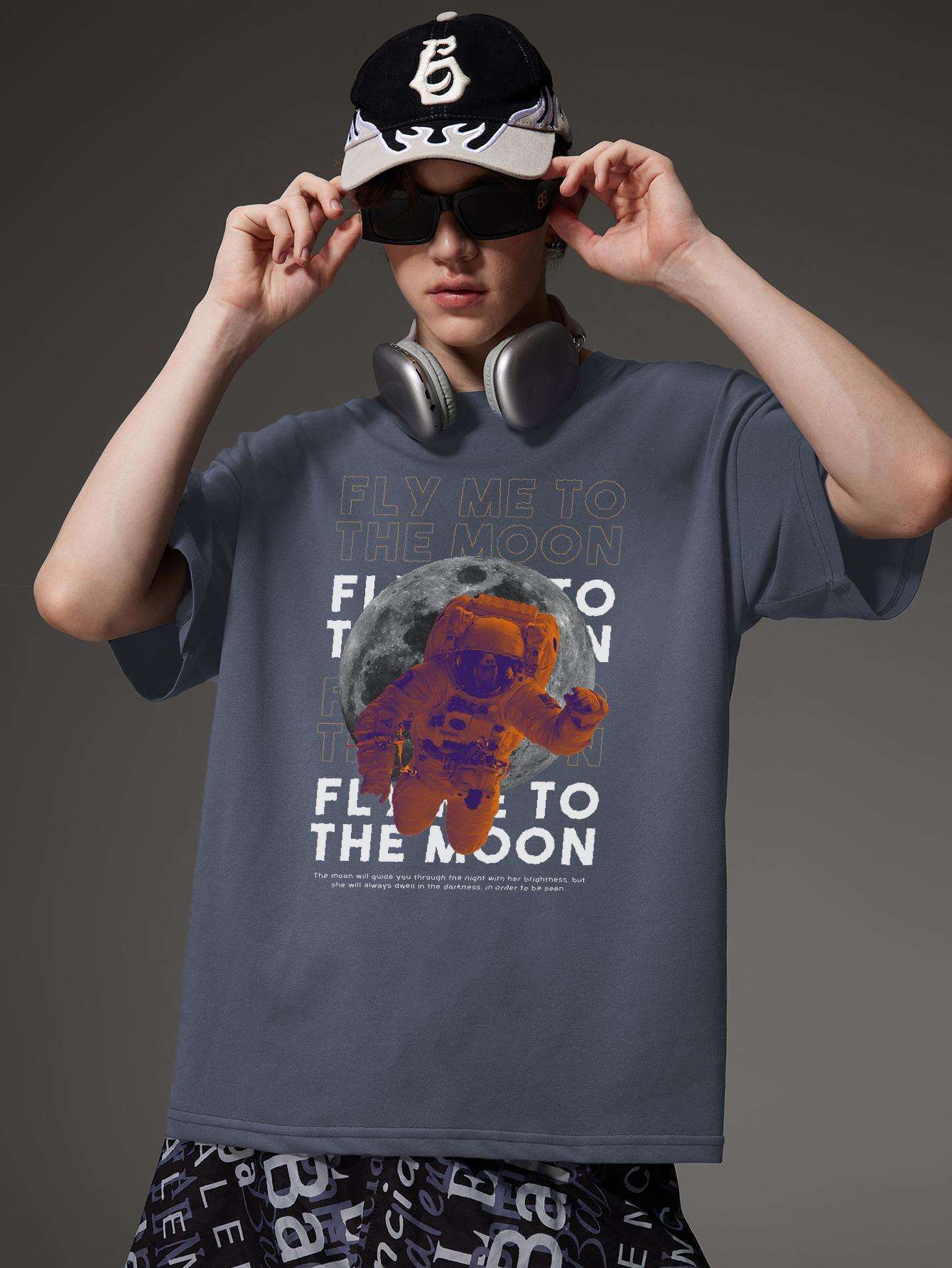 PRIVATHINKER Men's "Fly Me to The Moon" Graphic Tee - 100% Cotton, Oversized & Lightweight, Casual Summer Streetwear with Astronaut & Moon Design, Short Sleeve, Round Neck