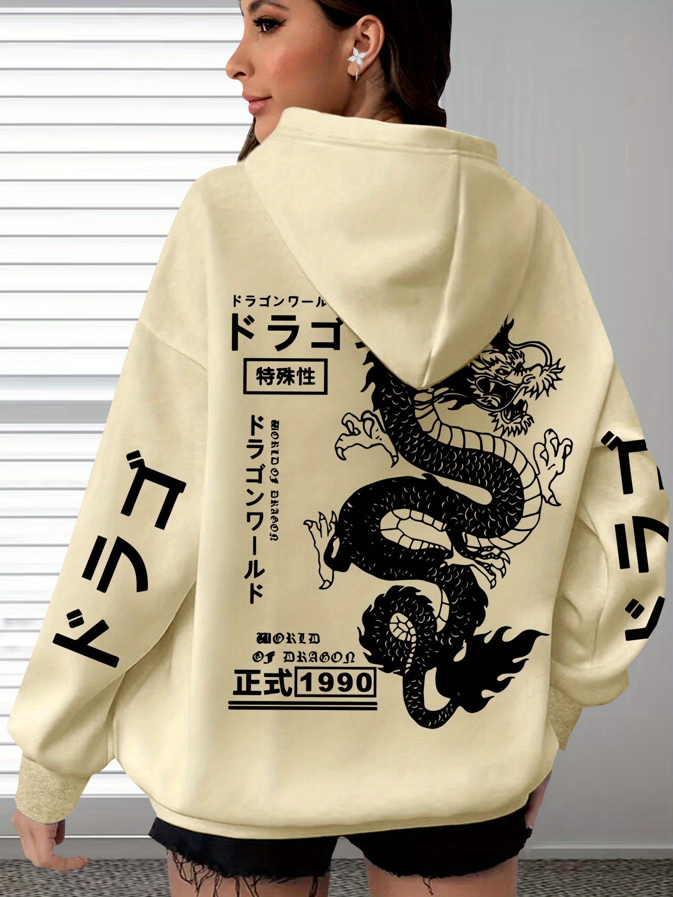 Women's Plus Size Casual Hoodie with Dragon & Letter Print - Cozy Knit, Long Sleeve, Drawstring Pullover