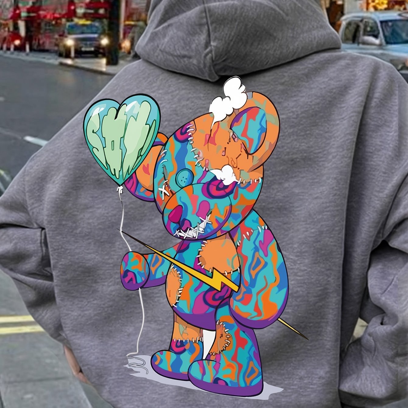 1pc Winter Cartoon Bear Applique Hoodie for Women, Cute Polyester Knit Fabric Hooded Sweatshirt with Heart Balloon Design
