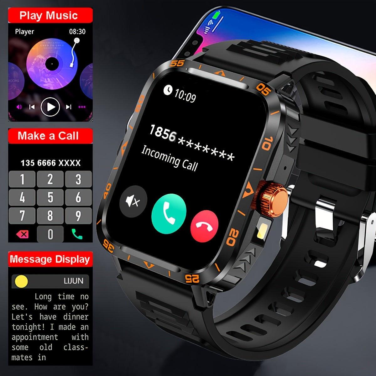 Smart Watch with LED Flashlight, 4.95cm Display, Compatible with Android & Iphone, 100+ Sports Modes, Customizable Watch Faces, Calorie & Step Counter, Water-Resistant, USB Charging, Wireless 5.1, TFT Screen, PC Case, Silicon