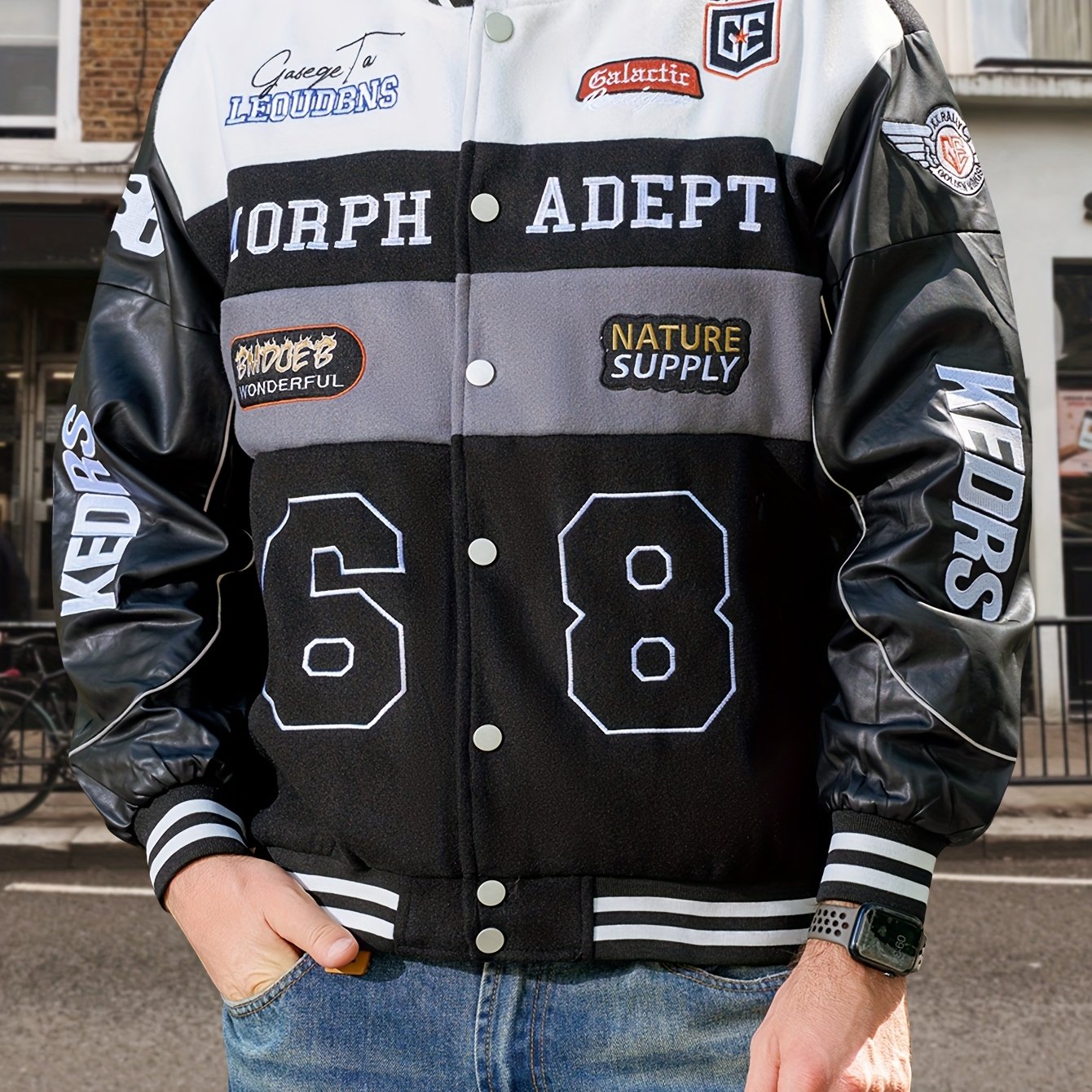 Men'S Daily Patchwork Polyester Varsity Jacket Stylish Retro Embroidered Long Sleeve Baseball Coats Casual Unisex Loose Outdoor Outerwear