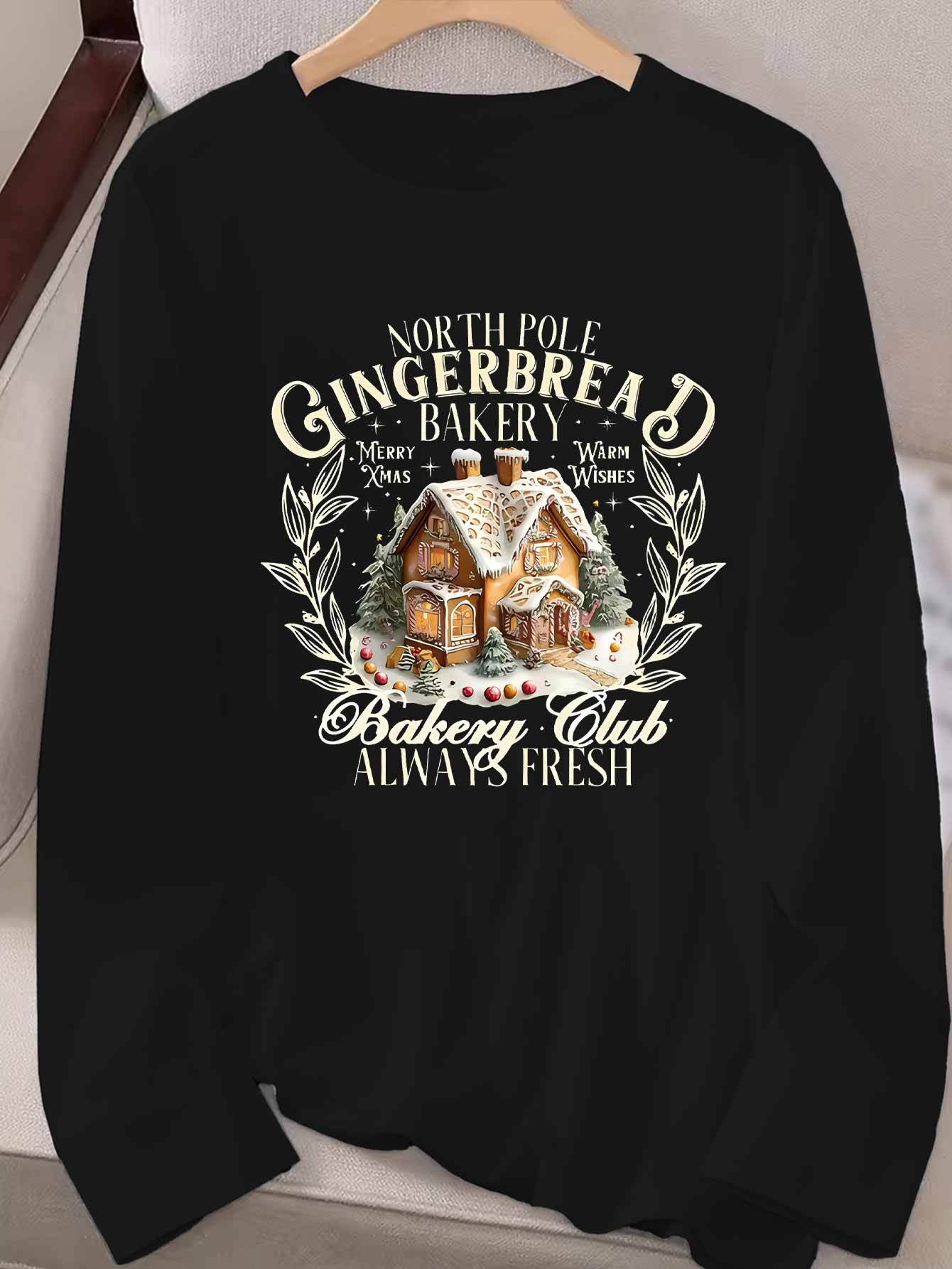 1pc Elegant North Pole Gingerbread House Graphic Long Sleeve T-Shirt, Crew Neck Polyester Knit Fabric, Casual Streetwear for All Seasons