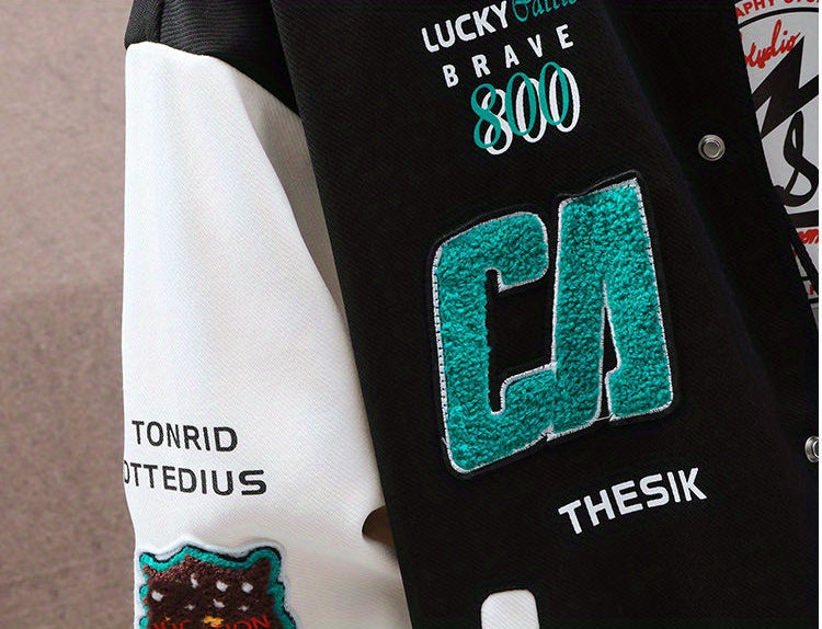 Letters Print Preppy Varsity Jacket, Men's Casual Long Sleeve Striped Button Down Baseball Jacket With Pockets For Winter Fall
