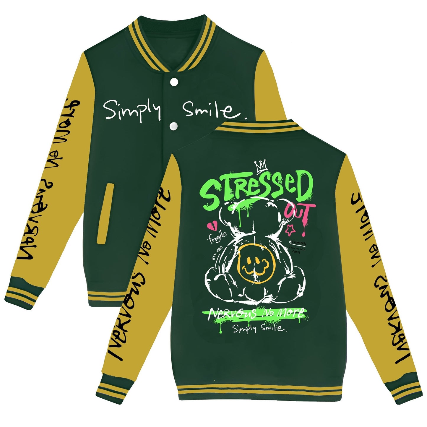 Men's Trendy Bear-Themed Varsity Jacket - Lightweight, Warm Fleece-Lined Baseball Coat with Pockets, Machine Washable