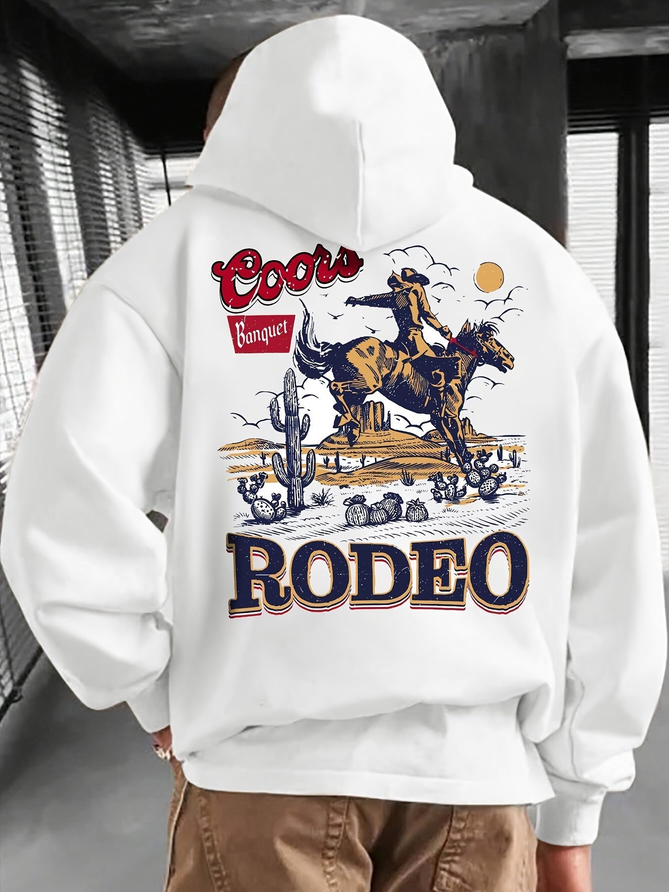 Men'S Coors Banquet Rodeo Graphic Hoodie, Casual French Terry Knit Fabric, Loose Fit Pullover with Hood, Alphabet Pattern, with Pocket, for Durable & Comfortable Winter Essential