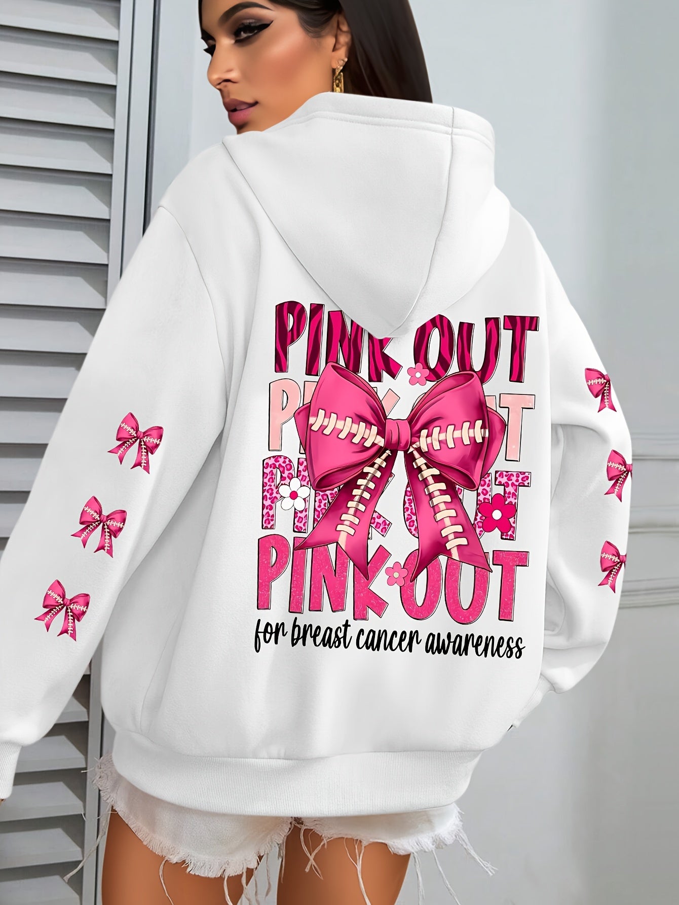 Women'S Plus Size Hoodie with Pink Ribbon Bowknot Print, Casual Long Sleeve Pullover with Pocket, 100% Polyester Knit Fabric, Slight Stretch, Fall/Winter Hooded Sweatshirt, Breast Cancer Awareness Design