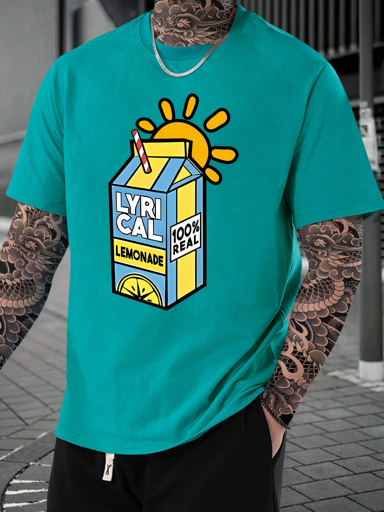 Lemonade Print, Men's Crew Neck Short Sleeve Fashion T-Shirt, Casual Comfy Top For Spring & Summer Holiday Leisure Vacation, Men's Clothing As Gift