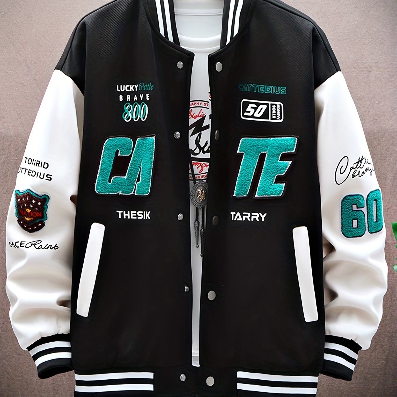 Letters Print Preppy Varsity Jacket, Men's Casual Long Sleeve Striped Button Down Baseball Jacket With Pockets For Winter Fall