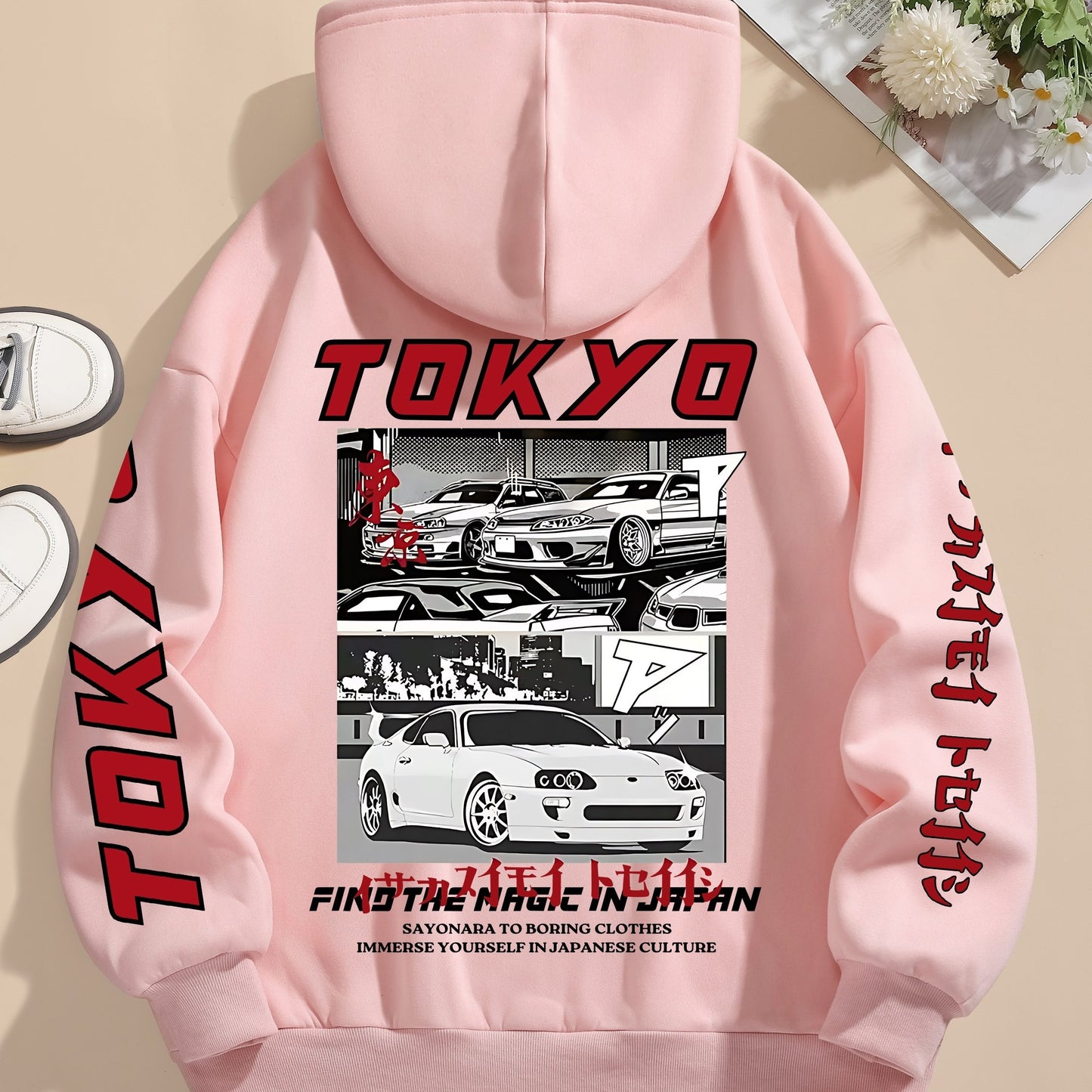 Tokyo Graphic Print Casual Hoodie for Women - 100% Polyester Knit Fabric with Drawstring Hood, Geometric Pattern, All-Season Comfort
