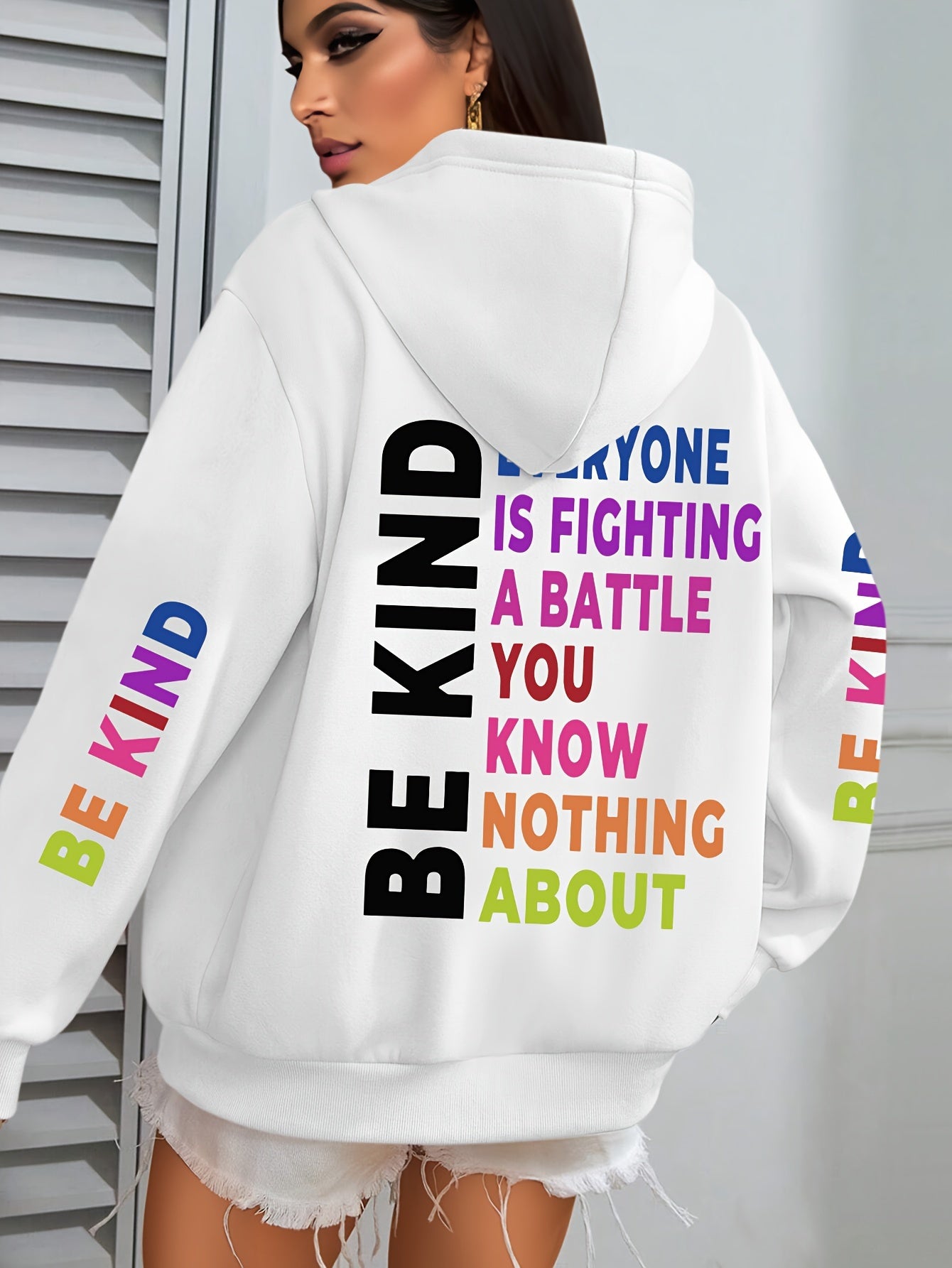 1pc Women'S Plus Size Casual Hoodie with "Be Kind" Print, Long Sleeve Pullover Sweatshirt with Pocket, Knit Polyester Fabric, Slight Stretch, Alphabet Pattern, Hooded Collar - Fall/Winter Clothing