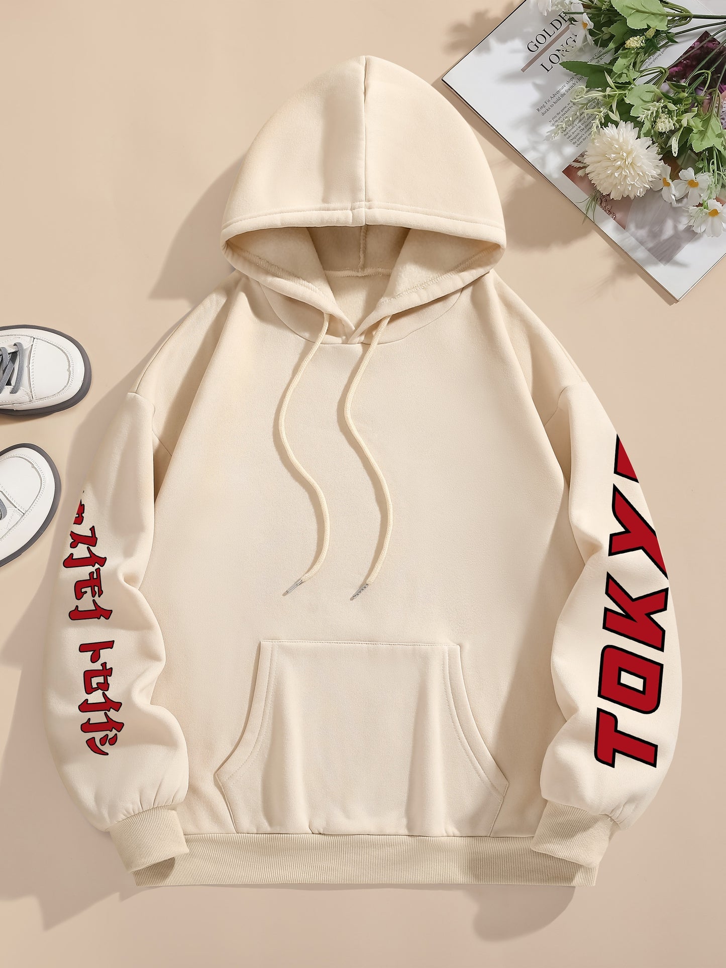 Tokyo Graphic Print Casual Hoodie for Women - 100% Polyester Knit Fabric with Drawstring Hood, Geometric Pattern, All-Season Comfort