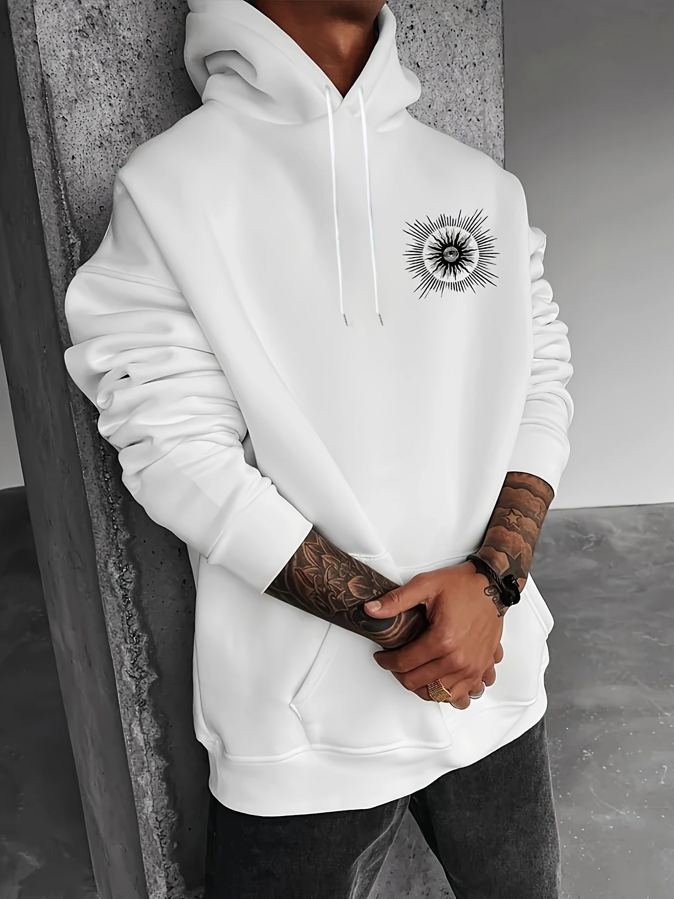 Men'S Casual Hooded Sweatshirt with Finger Print Eye Graphic, French Terry Fabric, Loose Fit Knit Hoodie with Pocket, Non-Stretch Hoodie for Daily Outdoor Wear