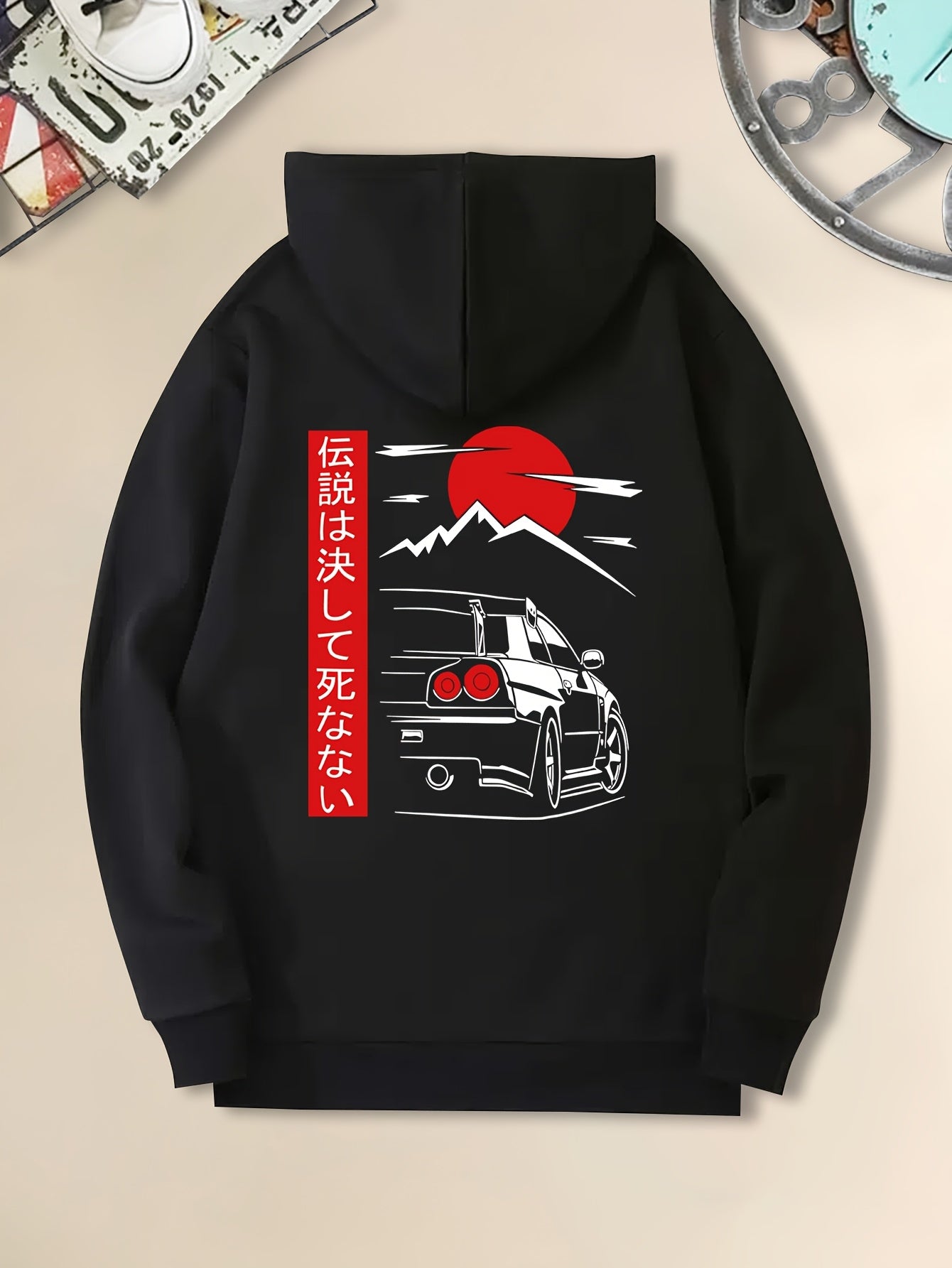 Men's Casual Black Hoodie with Sunset Sports Car Graphic - Cozy Long Sleeve Hooded Sweatshirt, Polyester, Machine Washable for Autumn & Winter, Sweater Hoodie