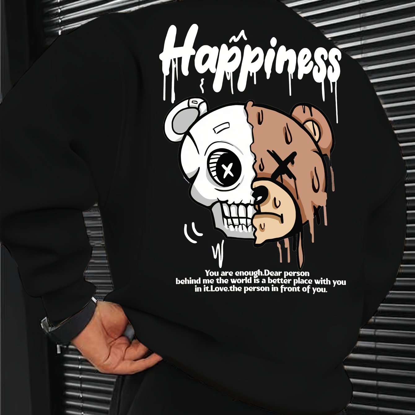Melted Skull Bear Printed Men's Crew Neck And Long Sleeve Sweatshirt, Casual Style, Breathable, Comfortable, Stylish Street Fashion Pullover Sweatshirt