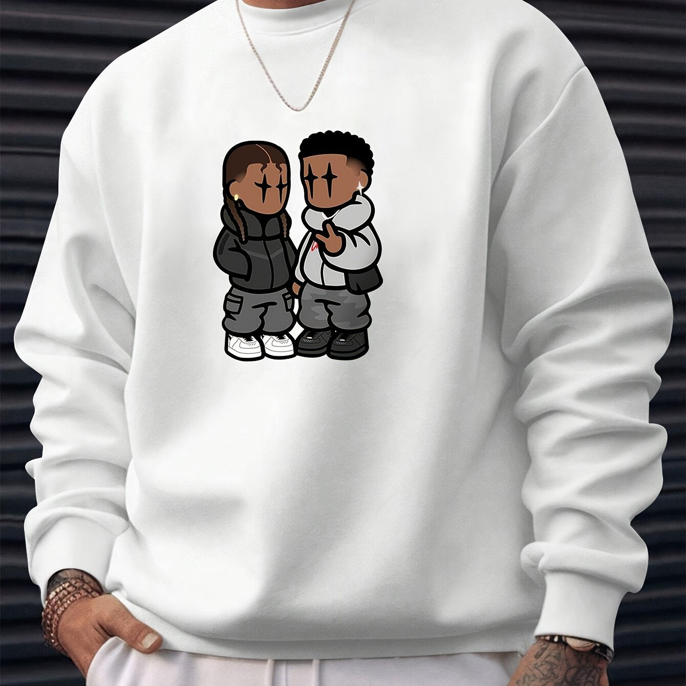 Men's Stylish Creative Cartoon Style Printed Floral Sports Casual Commuting Versatile Long-sleeved Round Neck Black Sweatshirt - An Exquisite
