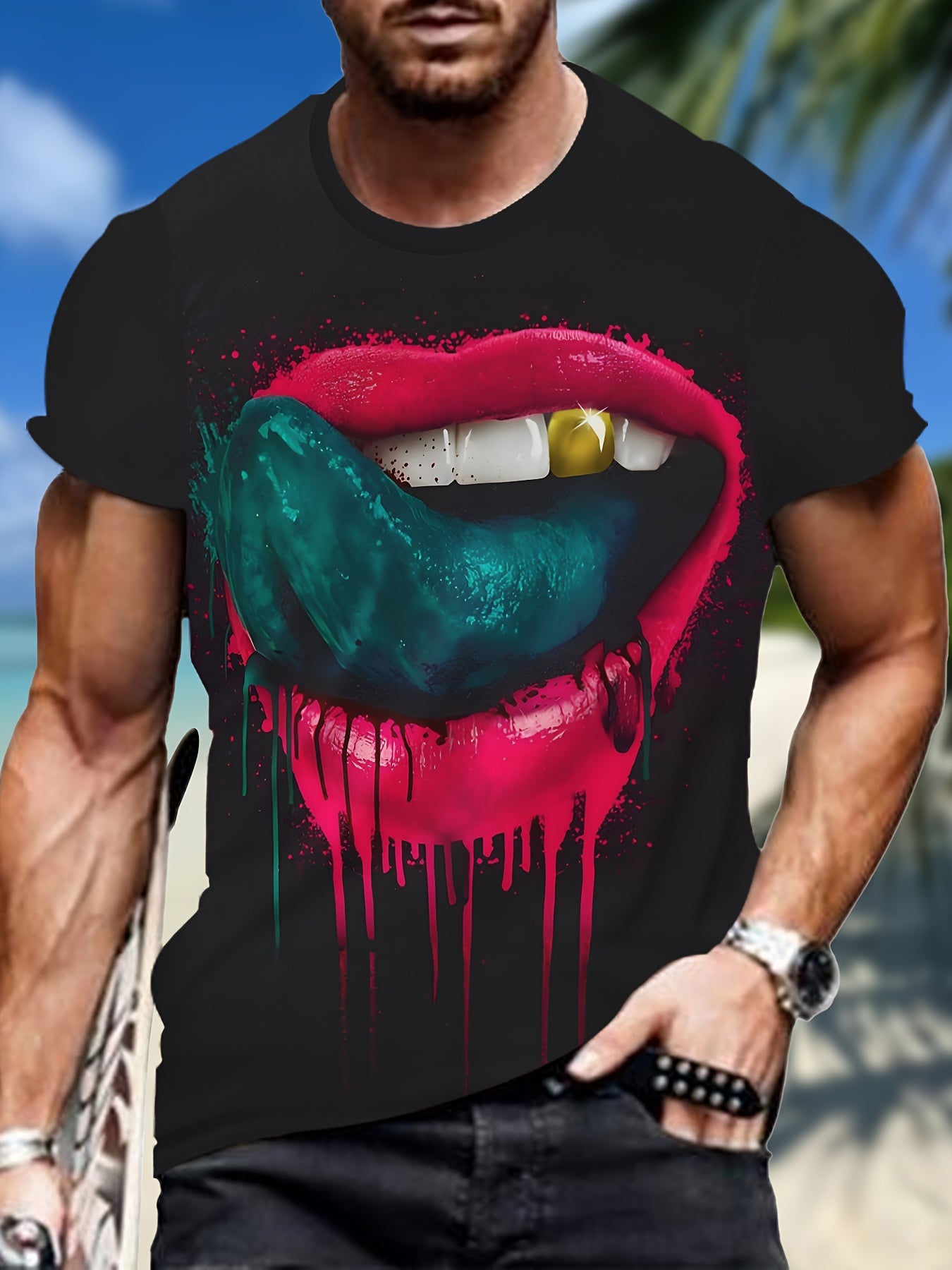 Men's Mouth Graphic Print T-shirt, Short Sleeve Crew Neck Tee, Men's Clothing For Summer Outdoor