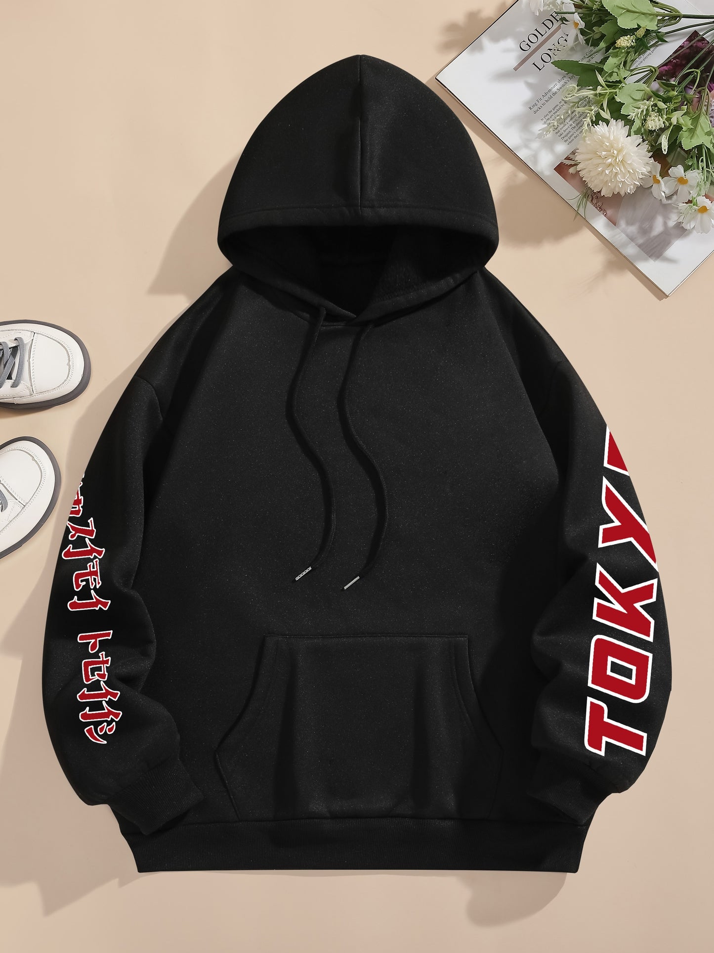 Tokyo Graphic Print Casual Hoodie for Women - 100% Polyester Knit Fabric with Drawstring Hood, Geometric Pattern, All-Season Comfort