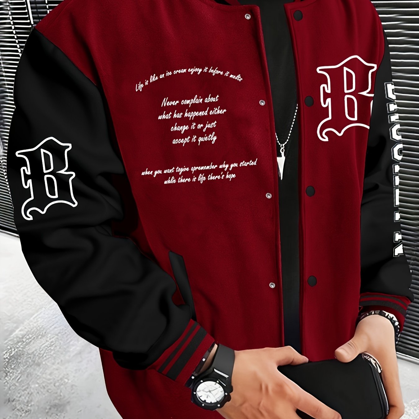Men's Color Block Varsity Jacket, Casual Baseball Jacket With Letter Embellishment, Comfortable Fit Outerwear