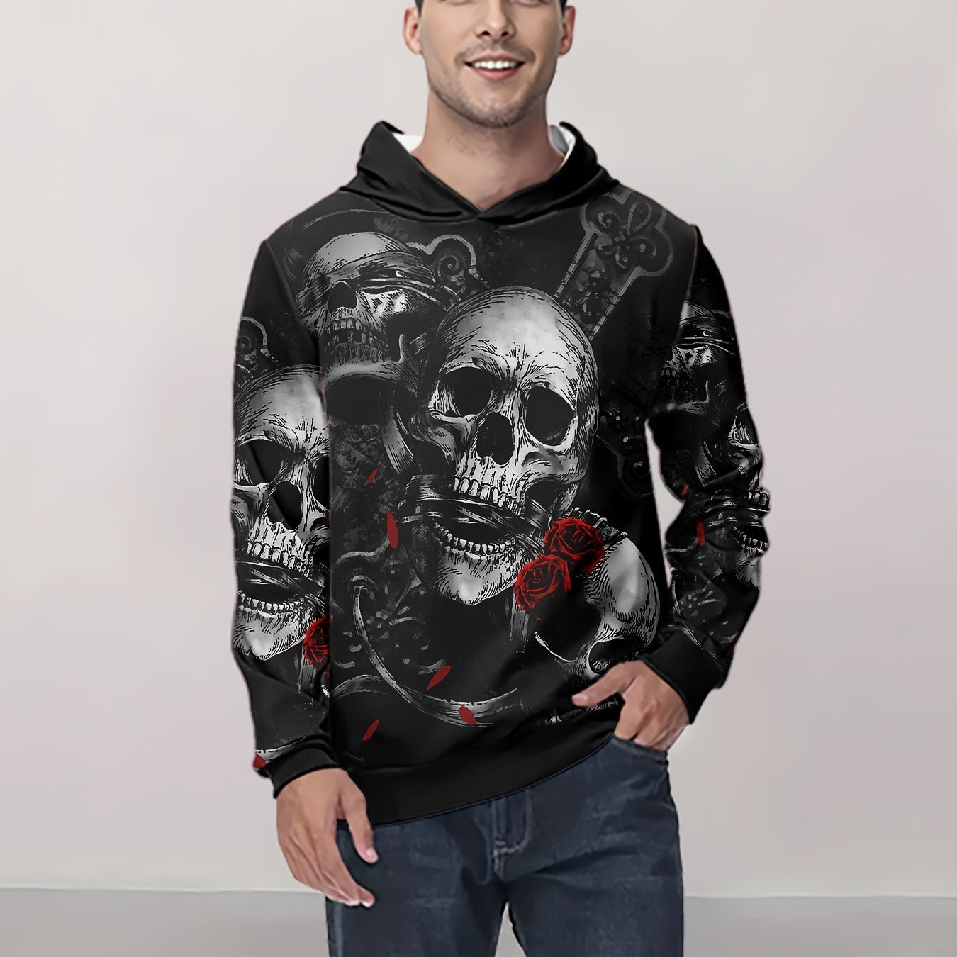 Men'S Gothic Skull Hoodie, 3D Rose and Skeleton Print, Casual Polyester Sweatshirt, Slight Stretch Knit Fabric, Regular Fit, for Spring/Fall Outdoor Wear