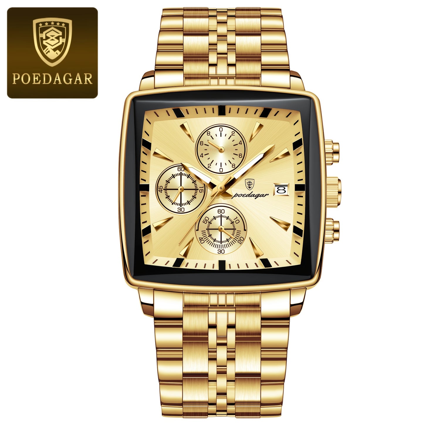 POEDAGAR Men'S Business Quartz Watch, Stainless Steel Square Dial, Luminous Hands, Date Calendar, Battery Powered, with Non-Rechargeable Button Battery, for Thanksgiving & Christmas Gifts, Water Resistant