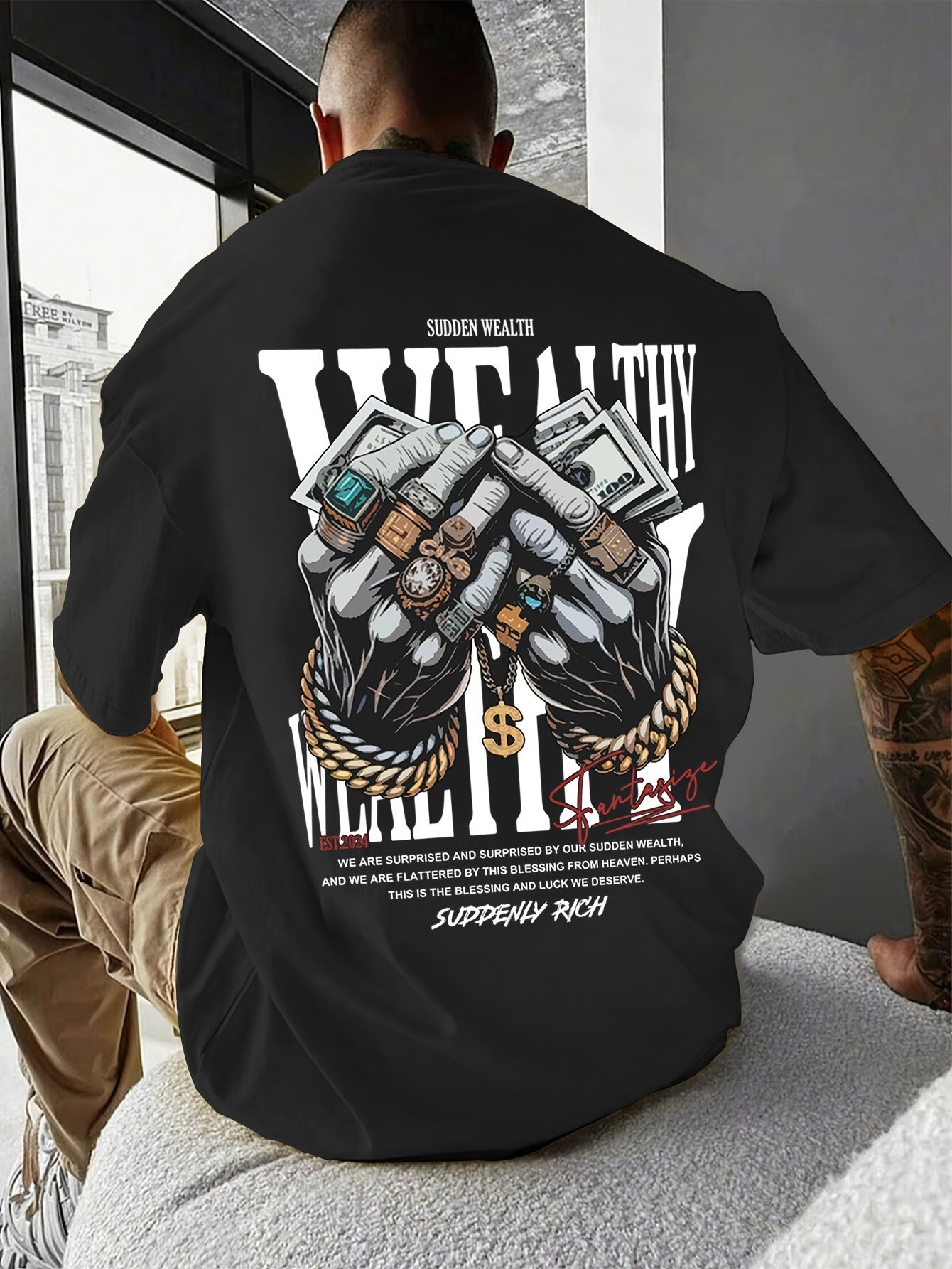 Men's Casual Graphic Tee with Unique Hand Jewelry Design - Soft Polyester Blend, Stretch Fit, Machine Washable - Perfect for Summer Outings