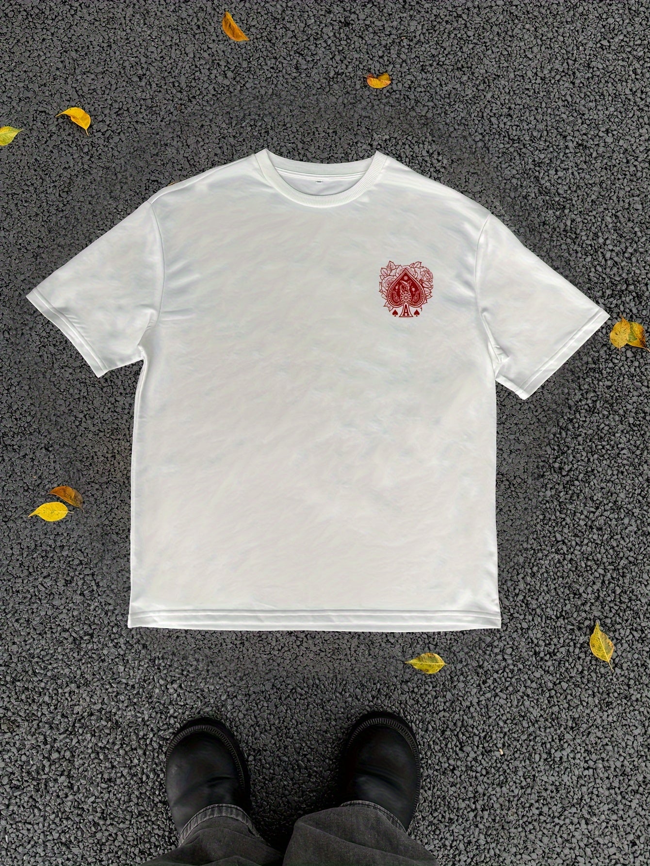 Men's Casual Hip-Hop Street Style Death Skull Ace of Spades Print T-Shirt - Loose Fit, Round Neck, Polyester Knit Fabric, Summer Collection