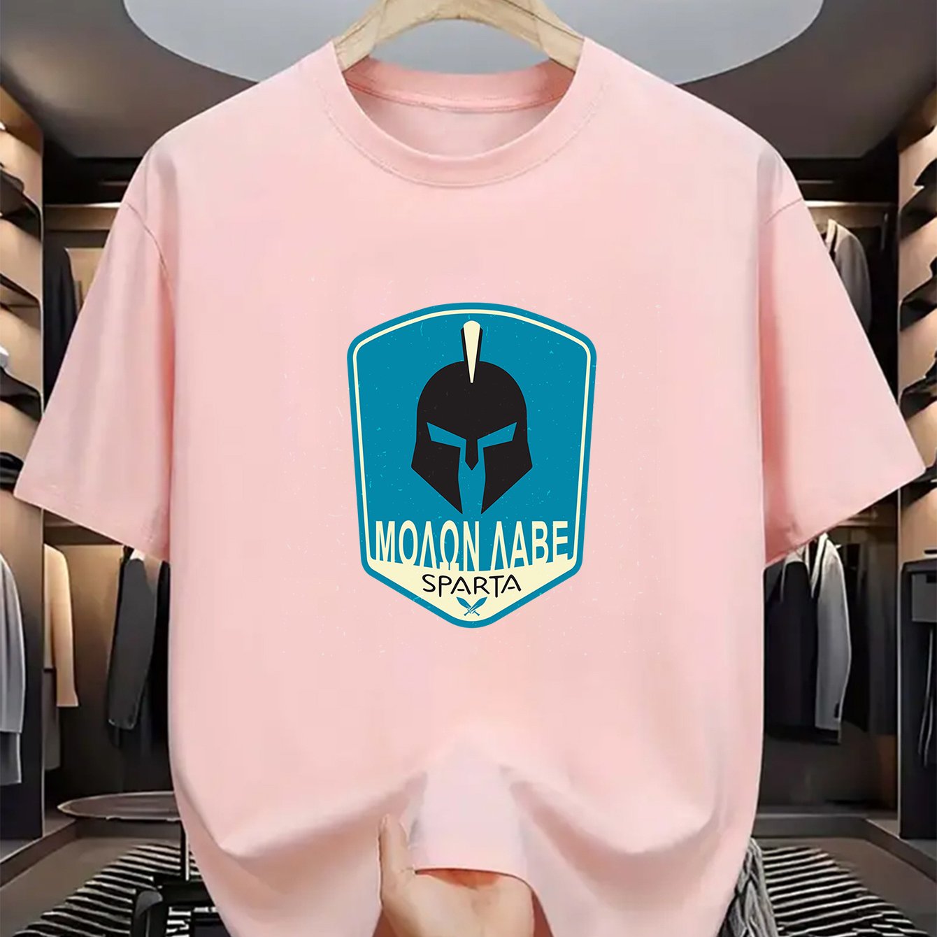 Men's SPARTA Graphic Tee - Beige Crew Neck Short Sleeve T-Shirt with Blue Spartan Helmet Design, 100% Polyester, Casual Summer Wear for Everyday & Special Occasions, Cool Oversized Tee Shirts