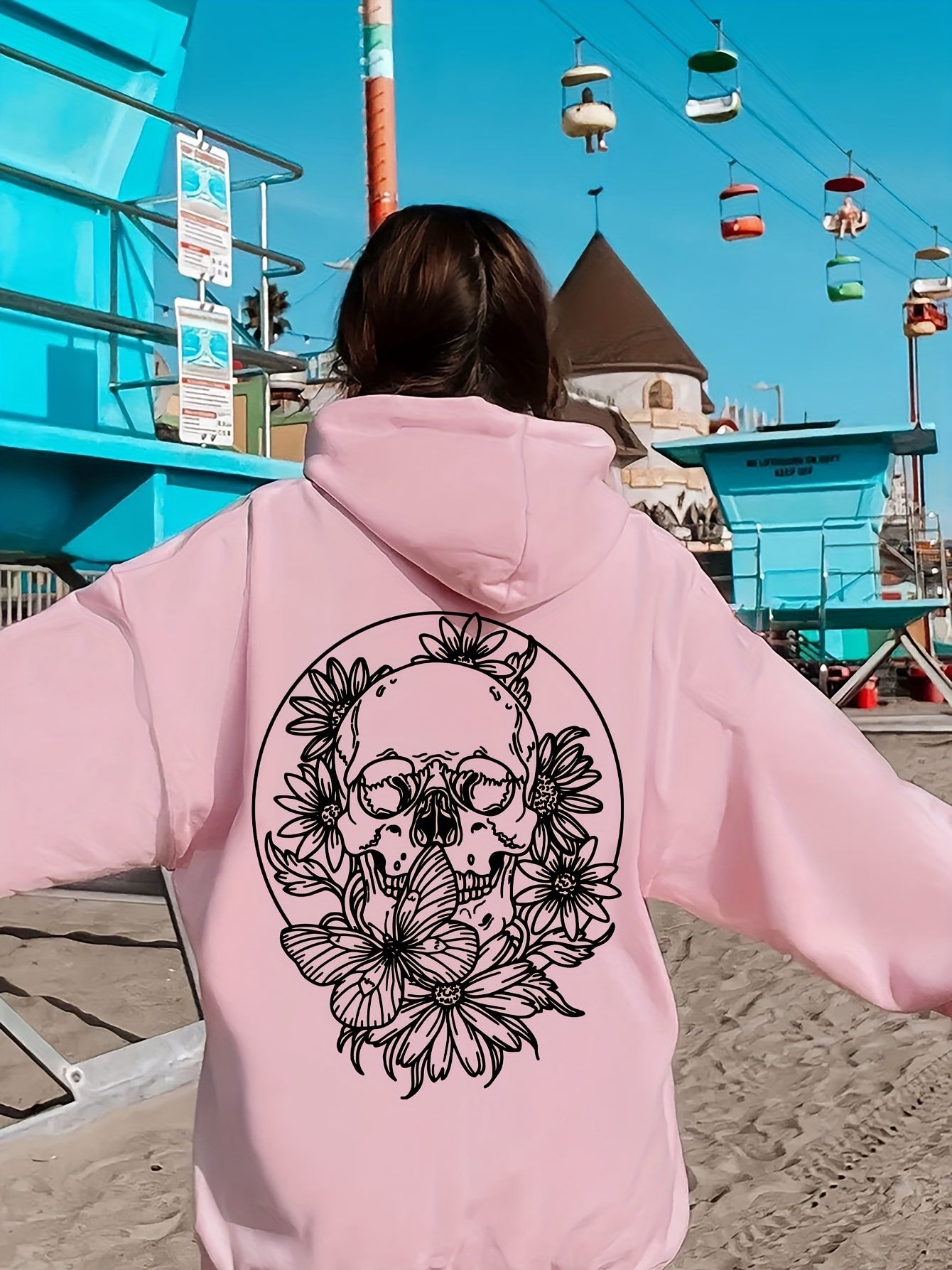 Plus Size Floral Skull Print Hoodie - Casual Oversized Pullover with Long Sleeves, Pocket Detail, Slight Stretch Polyester - Women's Fall/Winter Hooded Knit Sweatshirt