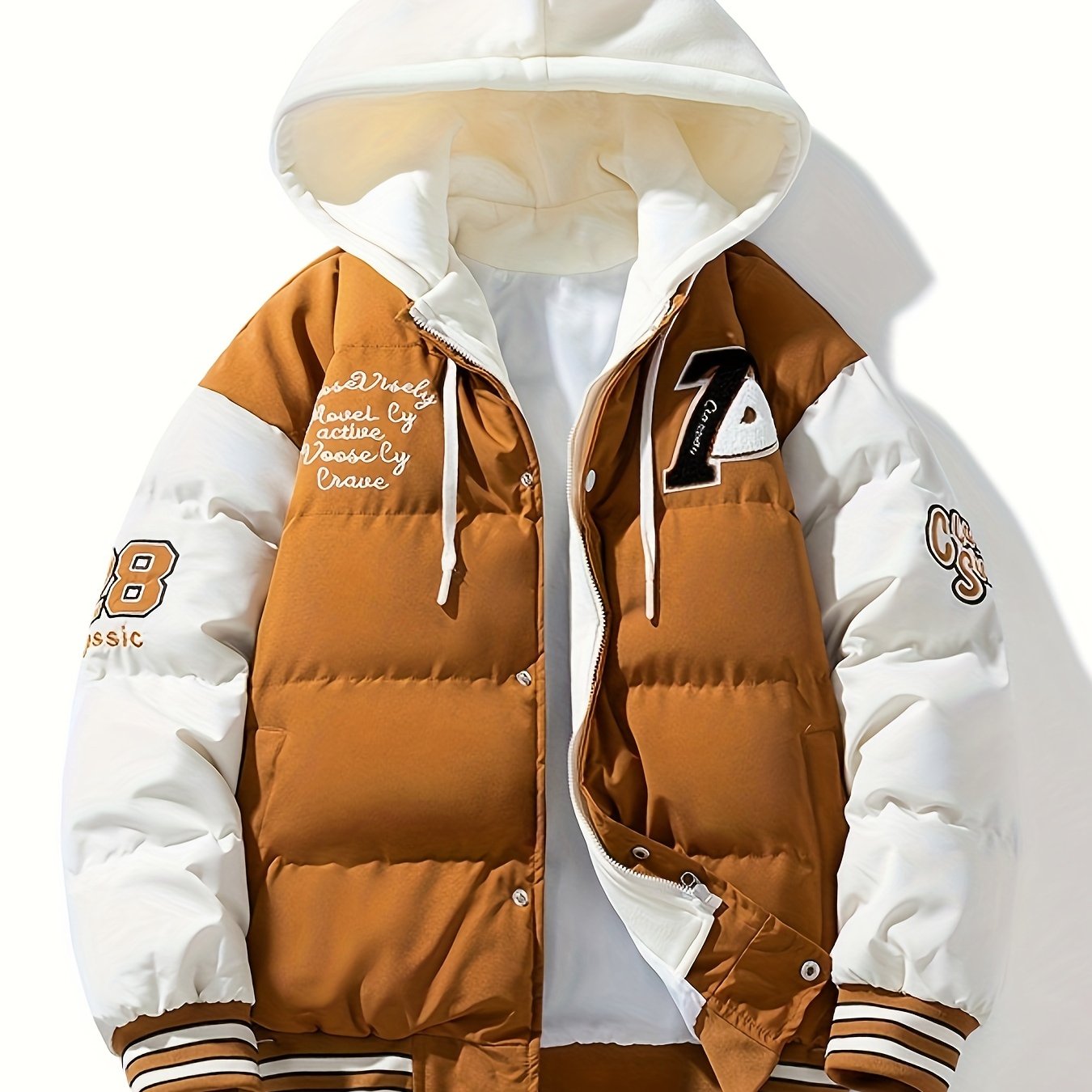 Men's Preppy Style Hooded Varsity Jacket - Casual Color Block Puffer with Embroidered Patches, Zip-Up, Long Sleeves, Polyester - Perfect for Baseball & Casual Attire, Everyday Jacket|Color Block Design|Ribbed Cuffs