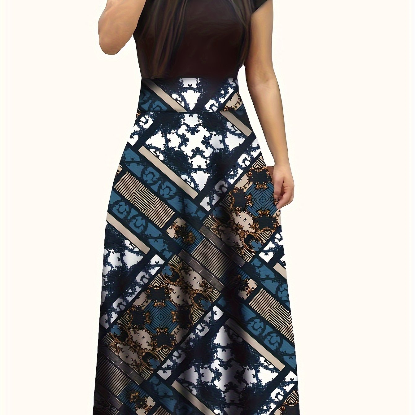 Floral Print Splicing Maxi Dress, Casual Crew Neck Short Sleeve Dress For Spring & Summer, Women's Clothing