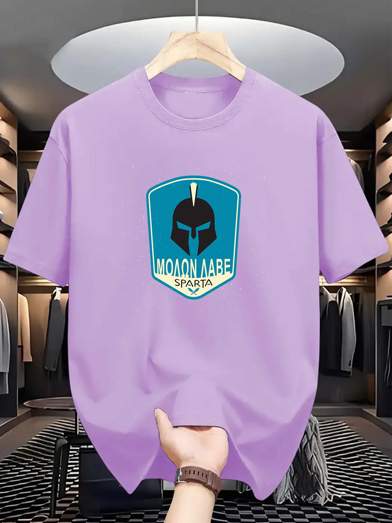 Men's SPARTA Graphic Tee - Beige Crew Neck Short Sleeve T-Shirt with Blue Spartan Helmet Design, 100% Polyester, Casual Summer Wear for Everyday & Special Occasions, Cool Oversized Tee Shirts