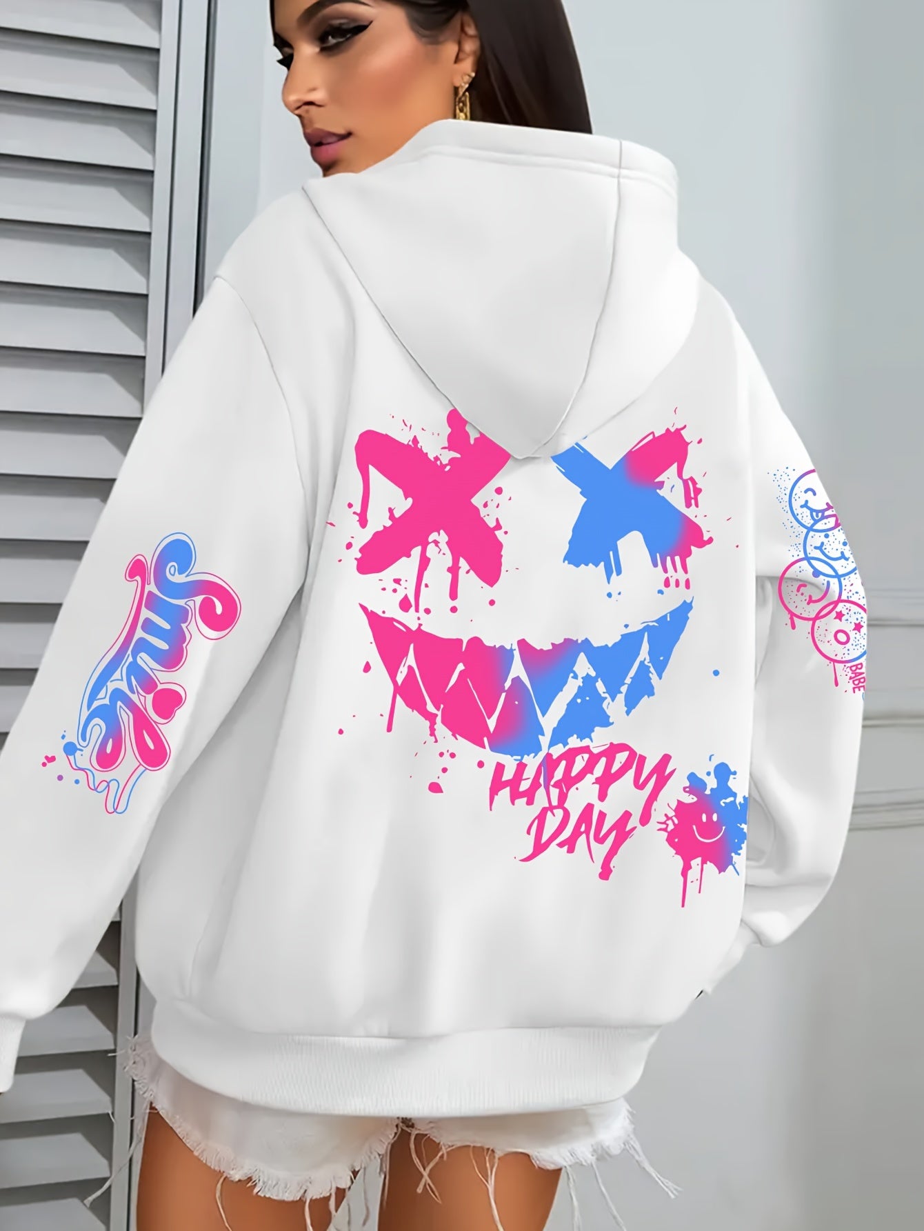 1pc Street Style Graffiti Print Hoodie for Women, Plus Size Casual Polyester Sweatshirt with Letter Applique, Knitted Pullover with Drawstring Hood for Autumn/Winter