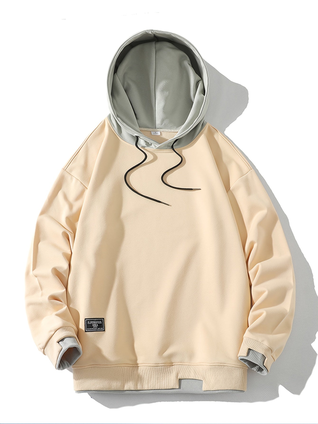 Men'S Fashion Casual Hooded Sweatshirt, 100% Polyester Knit Fabric, Long Sleeve, Loose Fit Pullover with Geometric Applique Design, Medium Stretch, for Spring/Autumn Trendy Streetwear