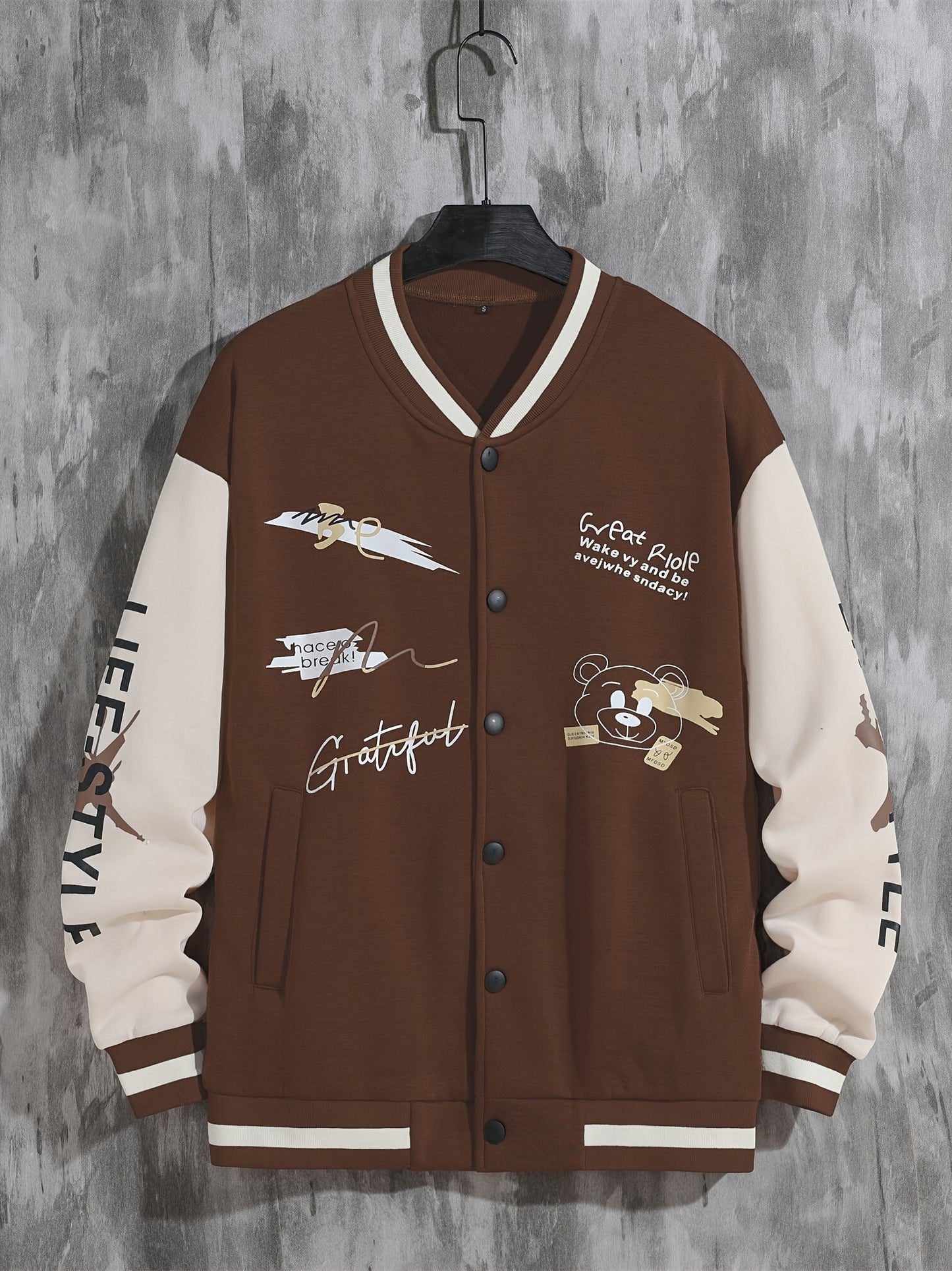 Men'S Casual Baseball Jacket, Polyester 100% Knit Fabric, Long Sleeve with Alphabet Pattern, Regular Length, Button Closure, Baseball Collar, Single Breasted Placket, Loose Fit, 200g/m² Weight - Spring/Fall Fashion