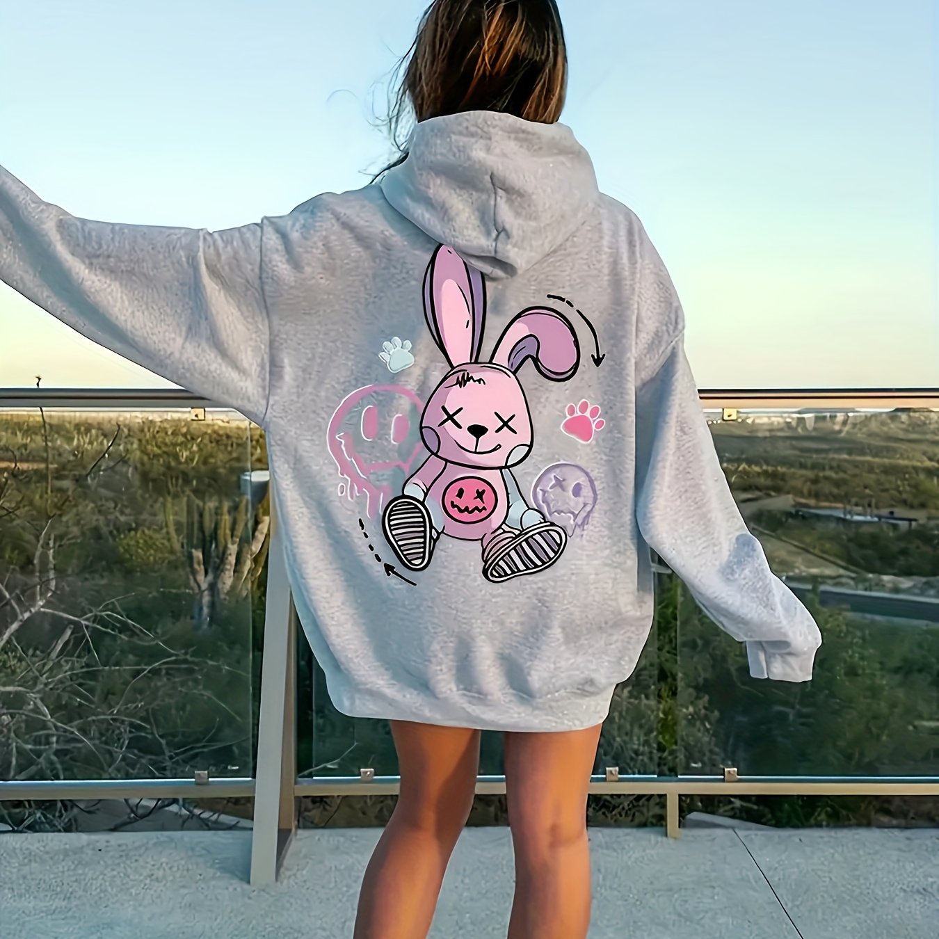 Cartoon Rabbit Print Kangaroo Pocket Hoodie, Casual Long Sleeve Drawstring Hoodies Sweatshirt For Winter & Autumn, Women's Clothing