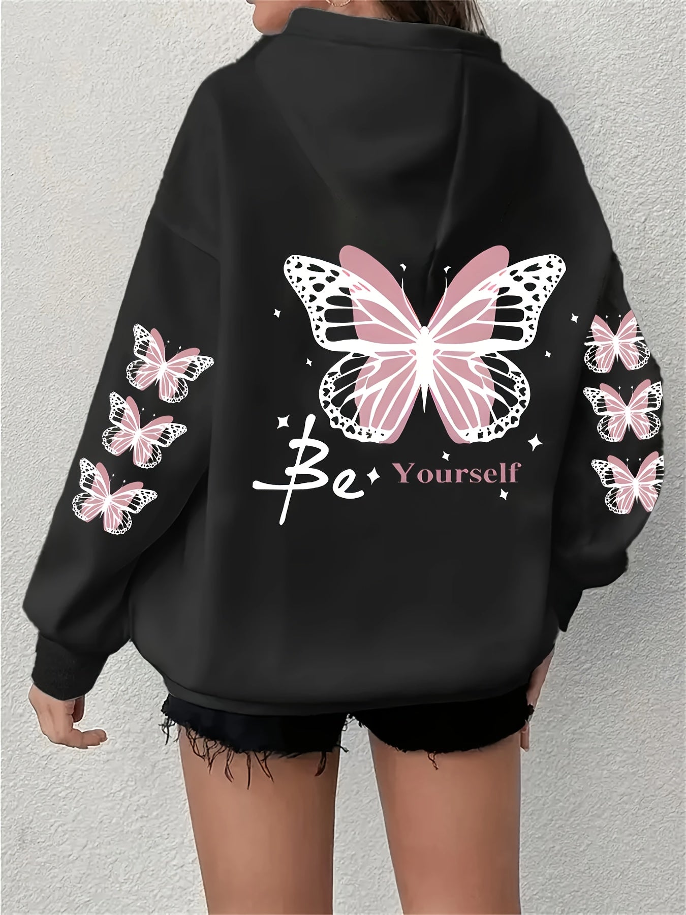 Women's Plus Size Butterfly & Letter Print Hoodie - Casual Long Sleeve Pullover with Pockets, Machine Washable, Extended Version, Sports Shirt