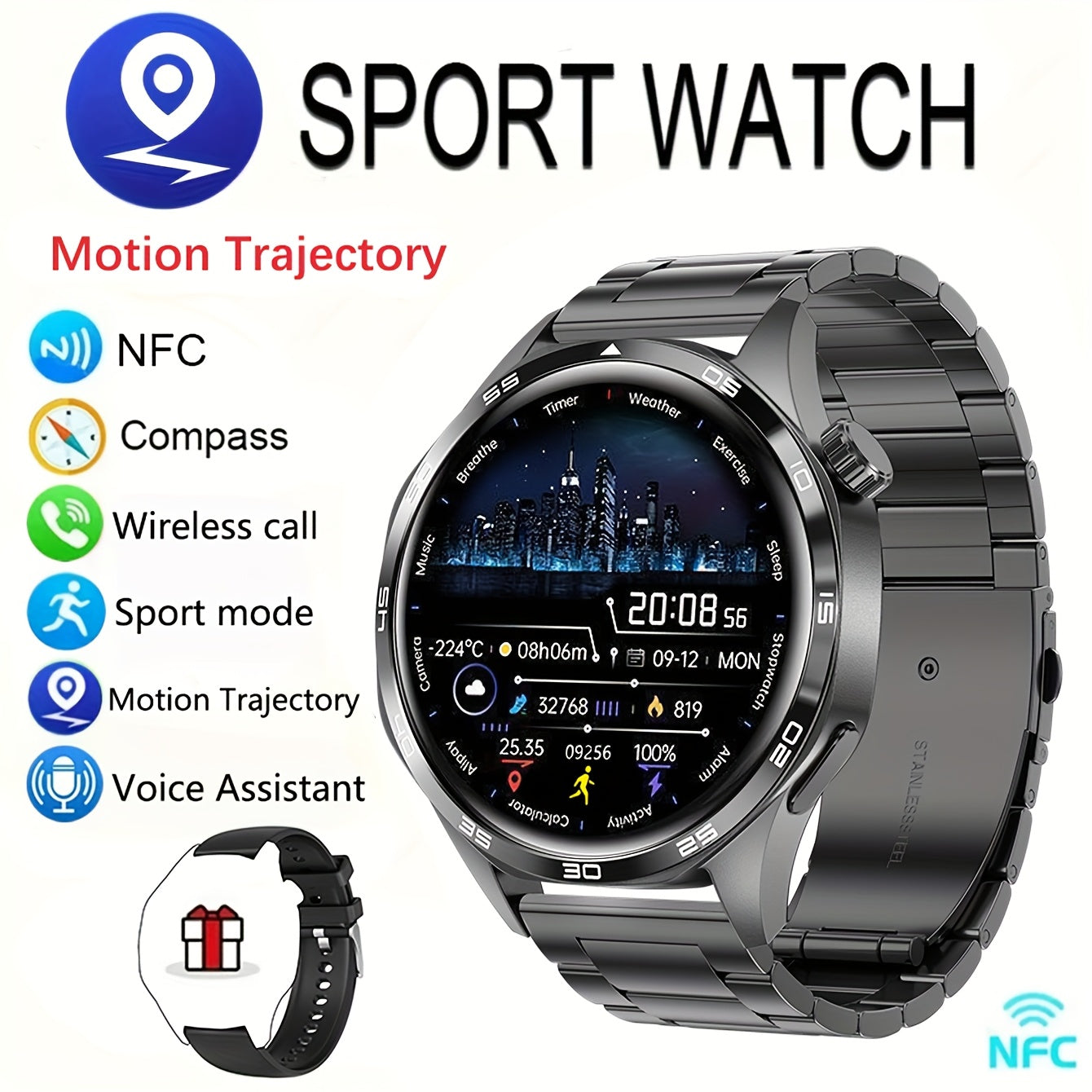 New Watch 5 Pro Smartwatch With 1.53-inch High-definition Screen, Voice Calling, Wireless Calling, NFC Access Control, Outdoor Sports Trajectory Smartwatch With Voice Assistant, Compass, Pedometer, Suitable For Android/iPhone