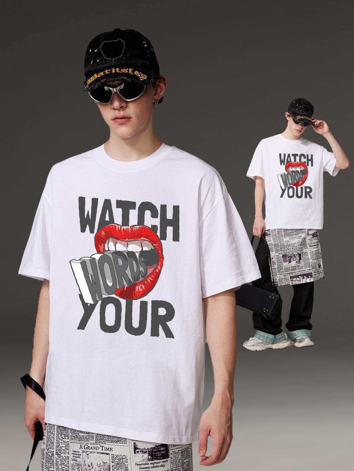 PRIVATHINKER "Watch Your Words" Graphic Tee for Men - Oversized, 100% Cotton, Short Sleeve, Casual Summer Streetwear with Red Lip & Lightning Bolt Design, Machine Washable